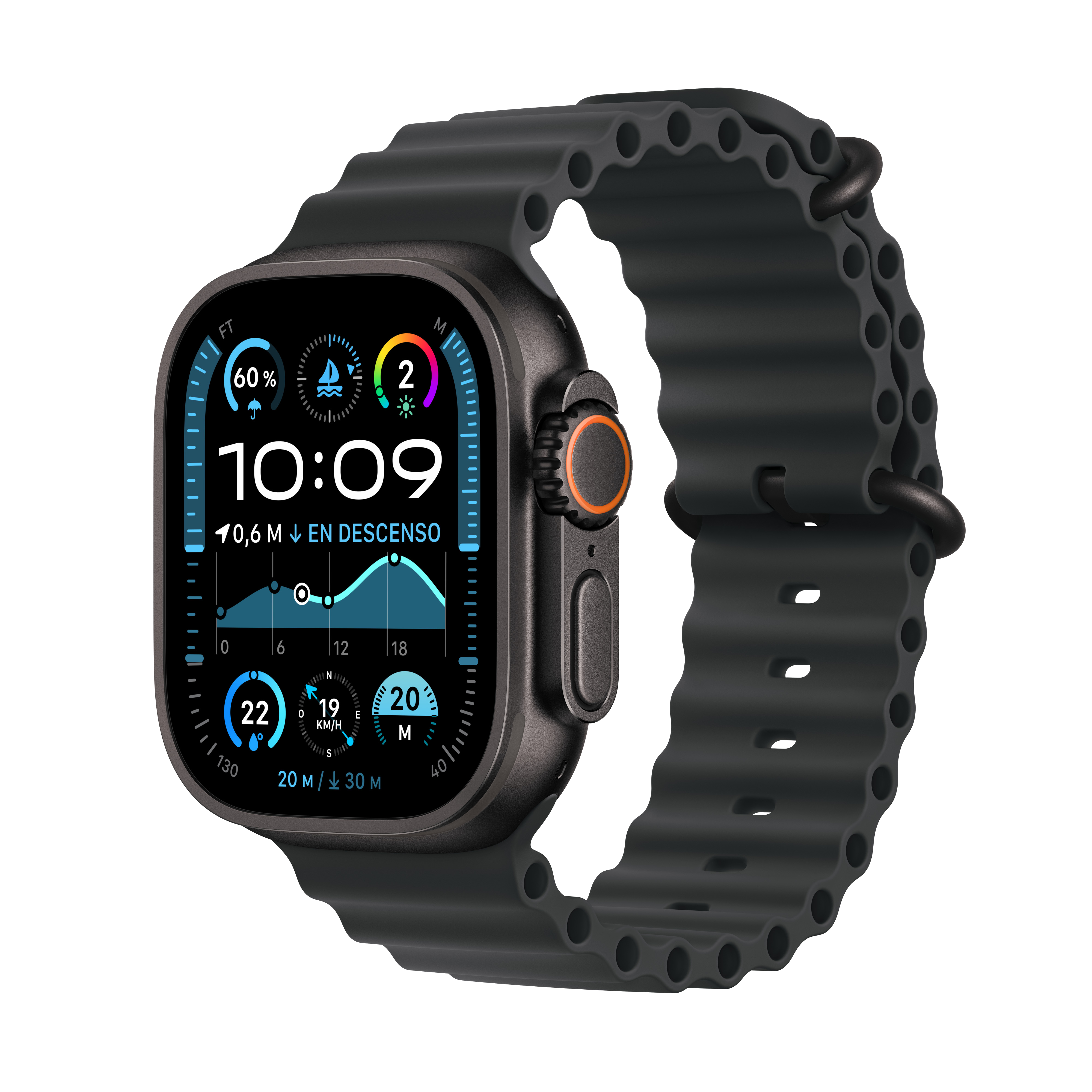 Apple Watch Ultra. Reloj negro con múltiples pantallas de datos. Correa gris oscura.