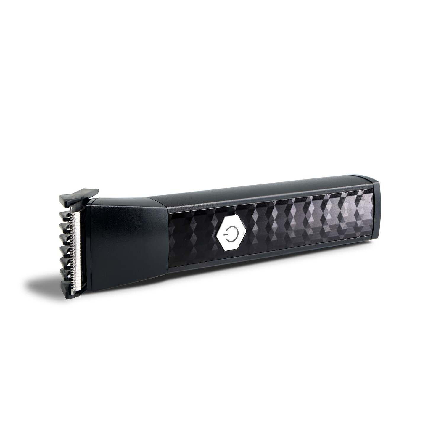 Black electric trimmer with a silver trim on the edge. White background.