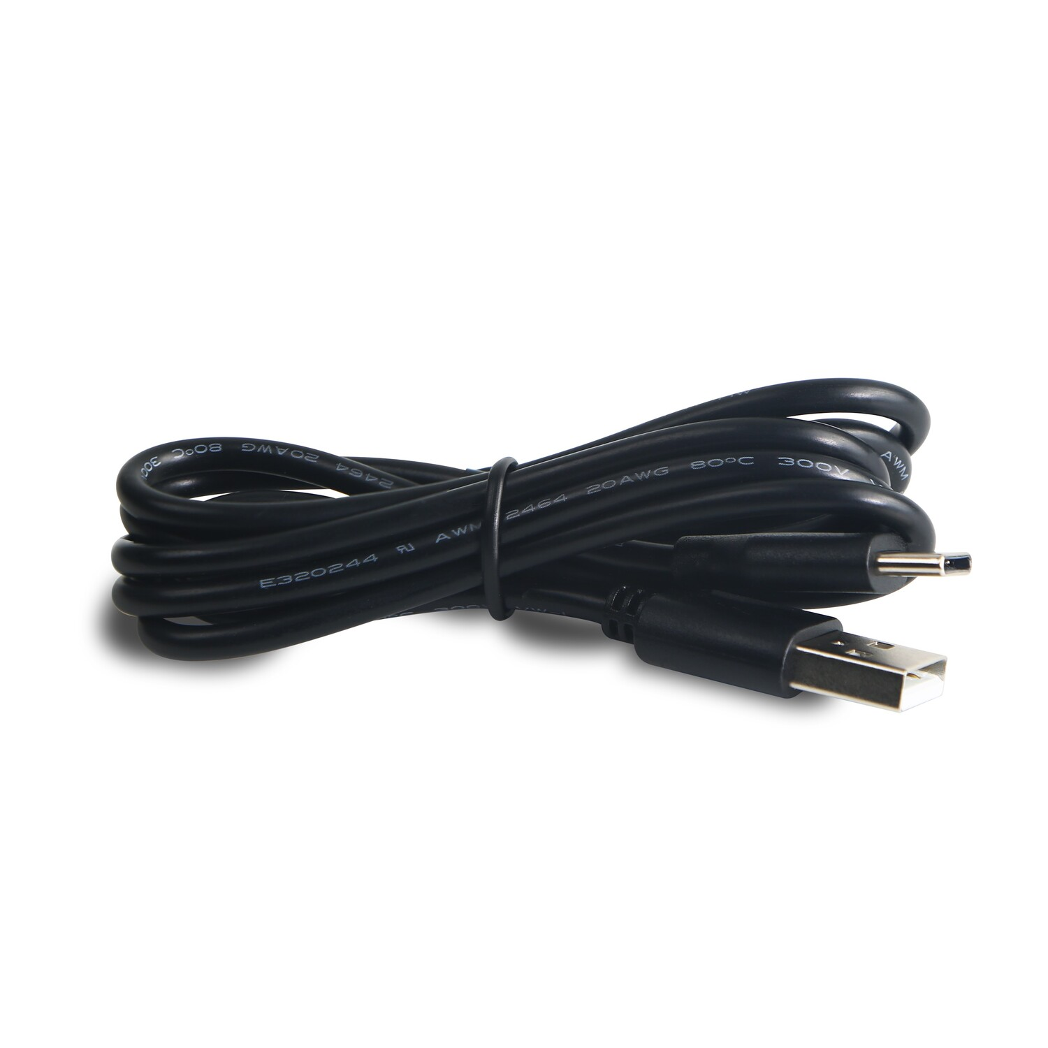A black USB cable, coiled and tied.