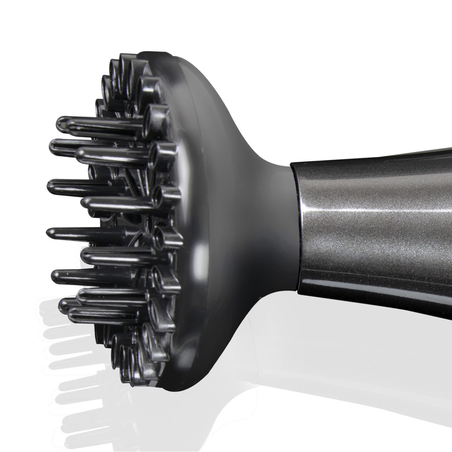 Close up of a hair dryer diffuser. It's dark gray with many small, rounded nozzles.