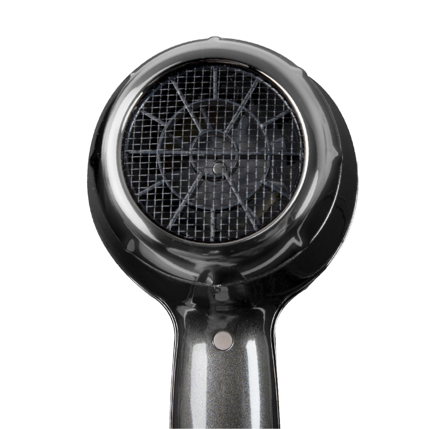 Close-up of a black hair dryer, showing the fan and mesh cover. Isolated on white. Shiny, metallic finish.