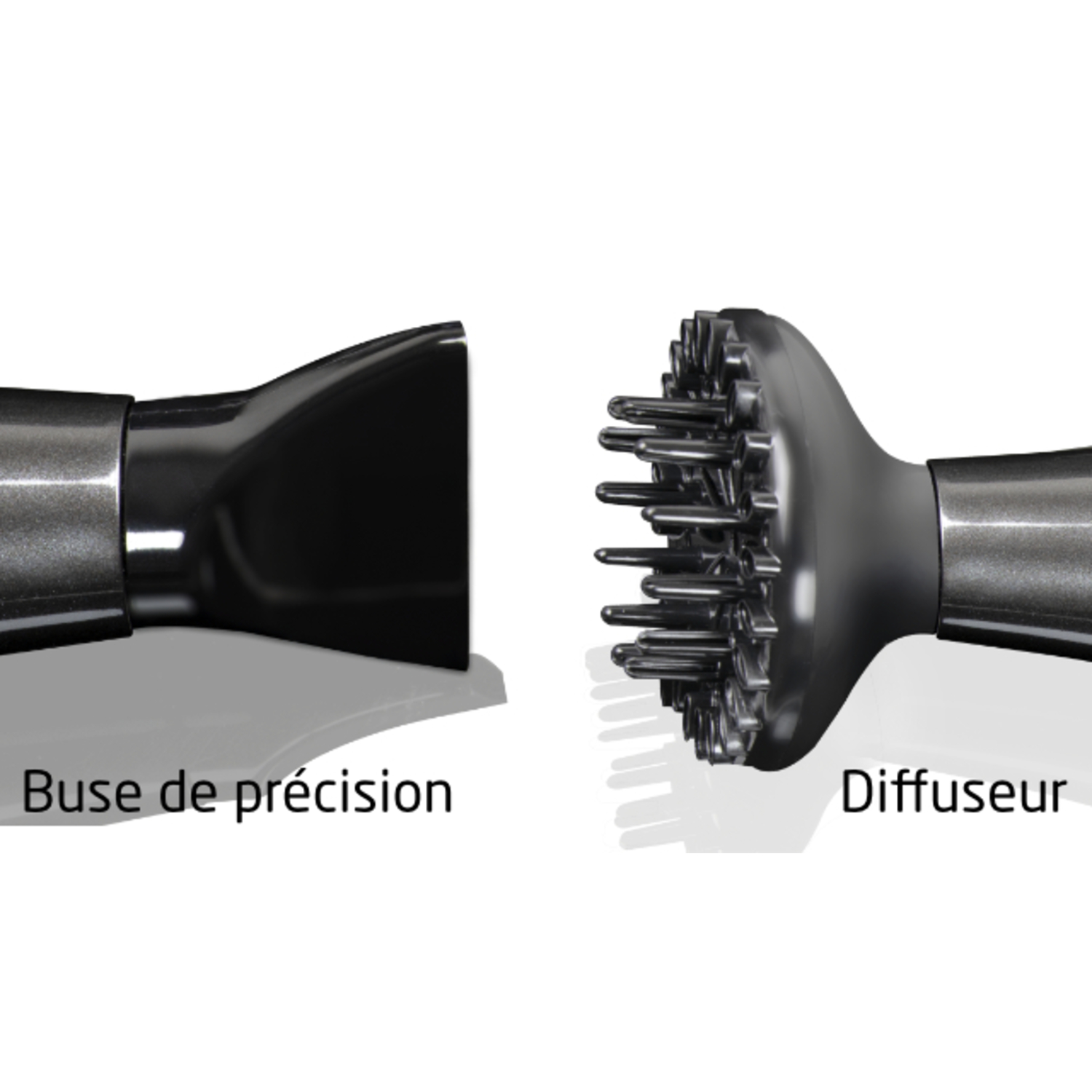 Buse de précision et diffuseur. Accessoires de sèche-cheveux noirs et gris.