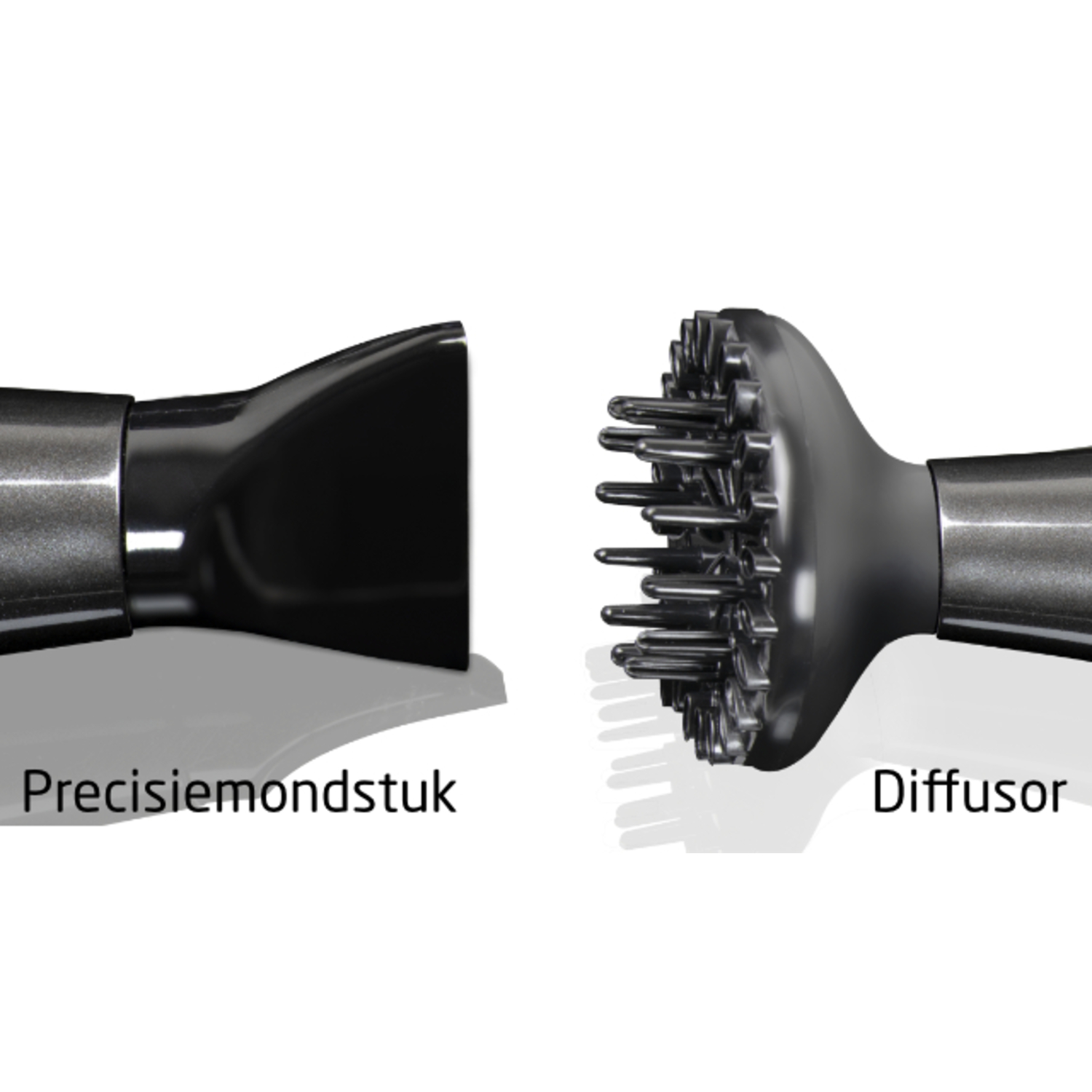 Close-up of hair dryer attachments: precision nozzle and diffuser.