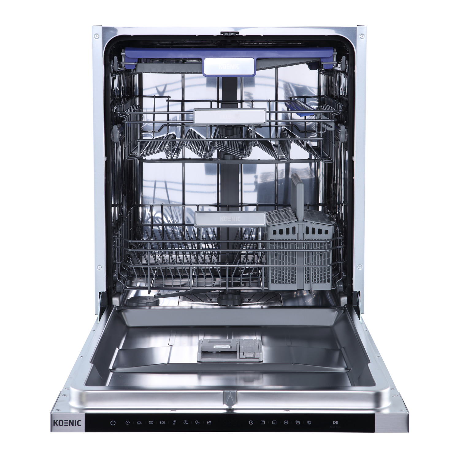 An open dishwasher with two racks for dishes. Interior is stainless steel, the door is open.