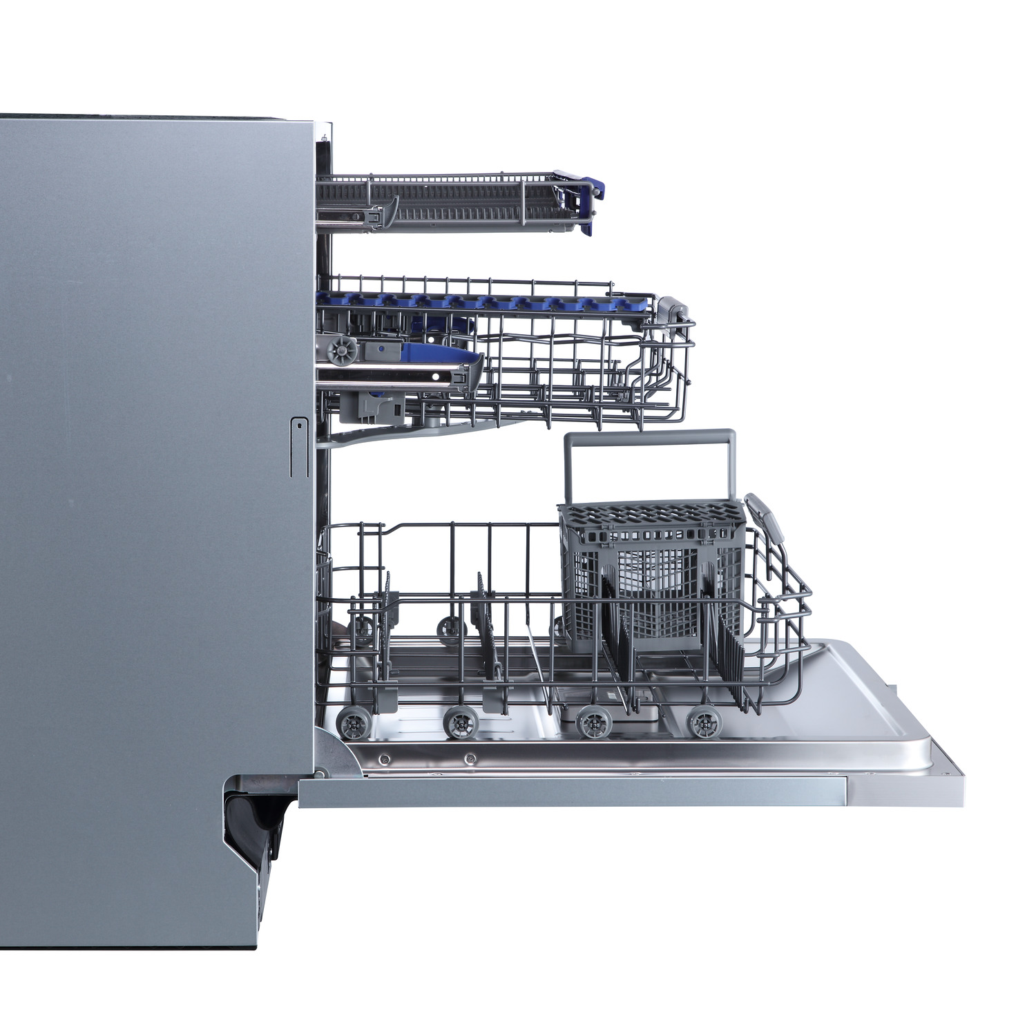 Stainless steel dishwasher with open door, showing racks and interior details.