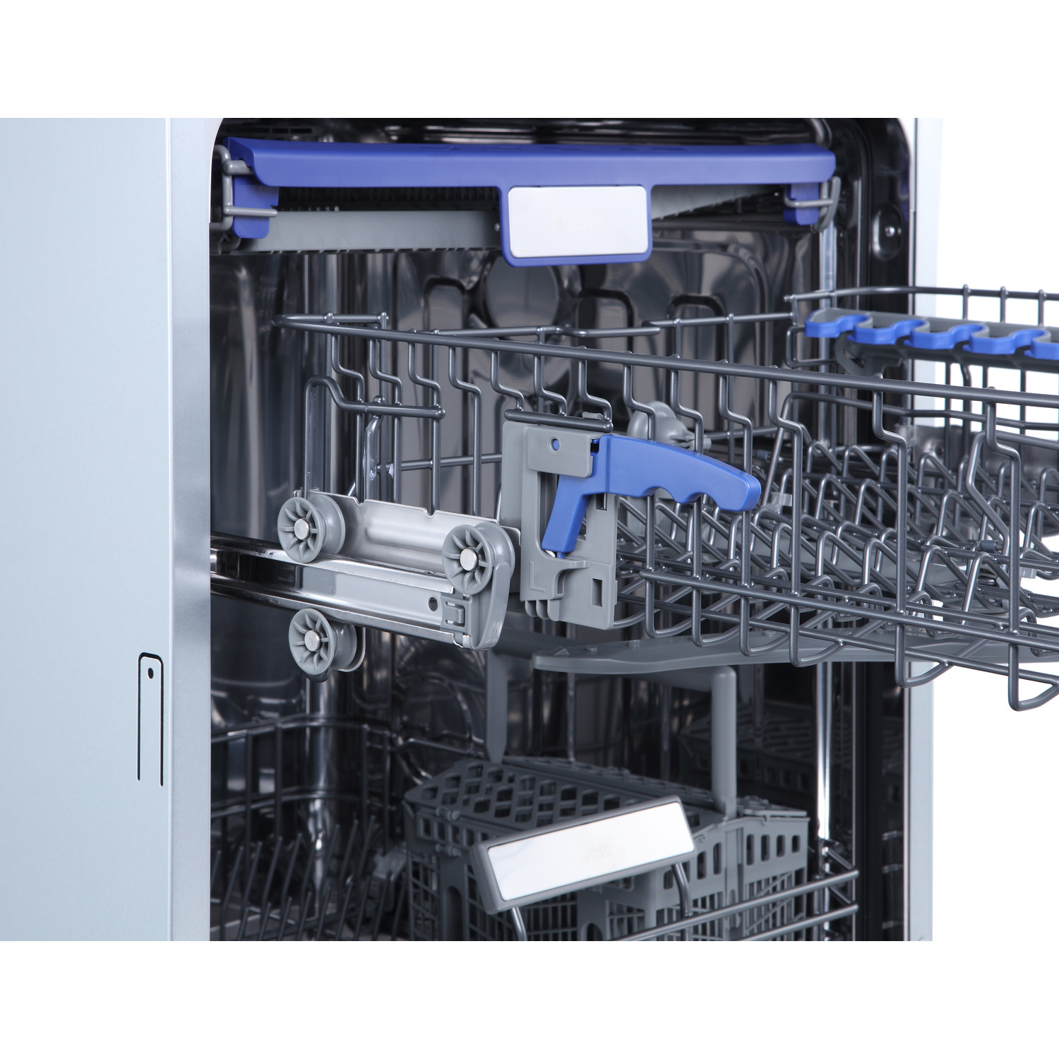 Dishwasher interior with racks and blue components. Focus on the inside details.