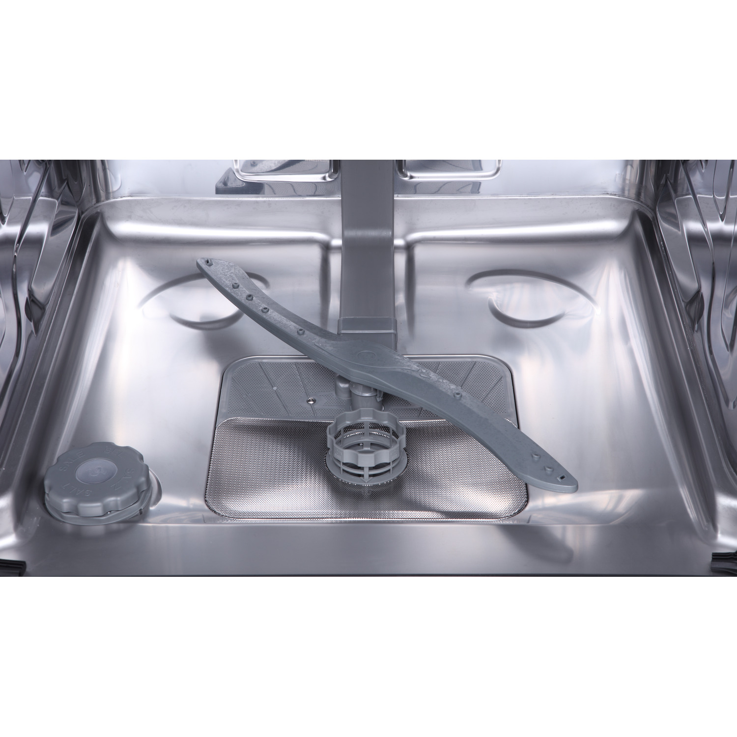 Interior of a dishwasher with a spray arm and other components.