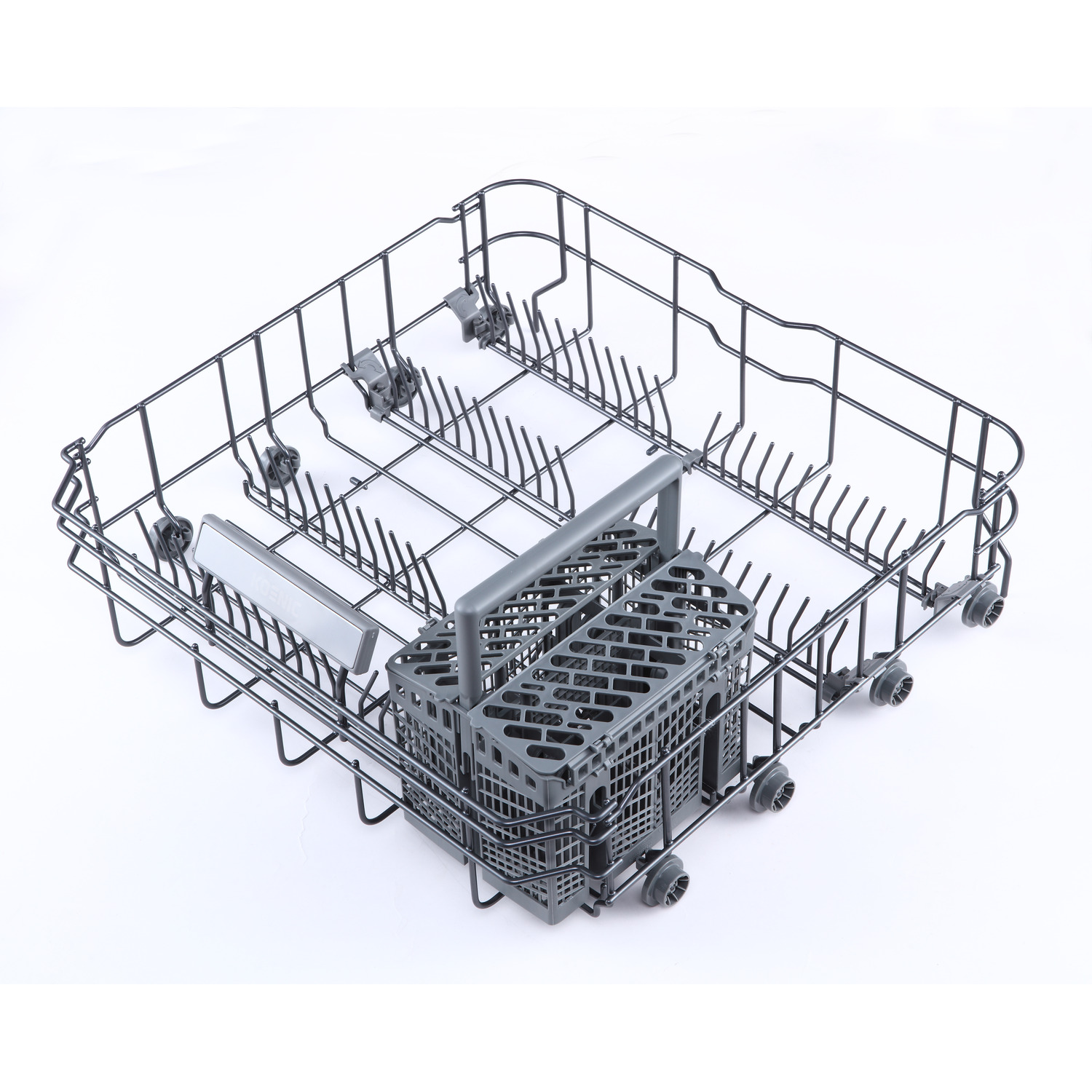 Dishwasher basket with a gray utensil basket and slots for dishes.