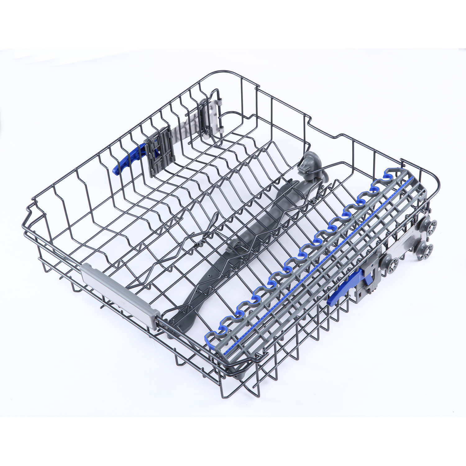 A wire rack from a dishwasher, with a grid pattern and holders for dishes, spoons, and other items.