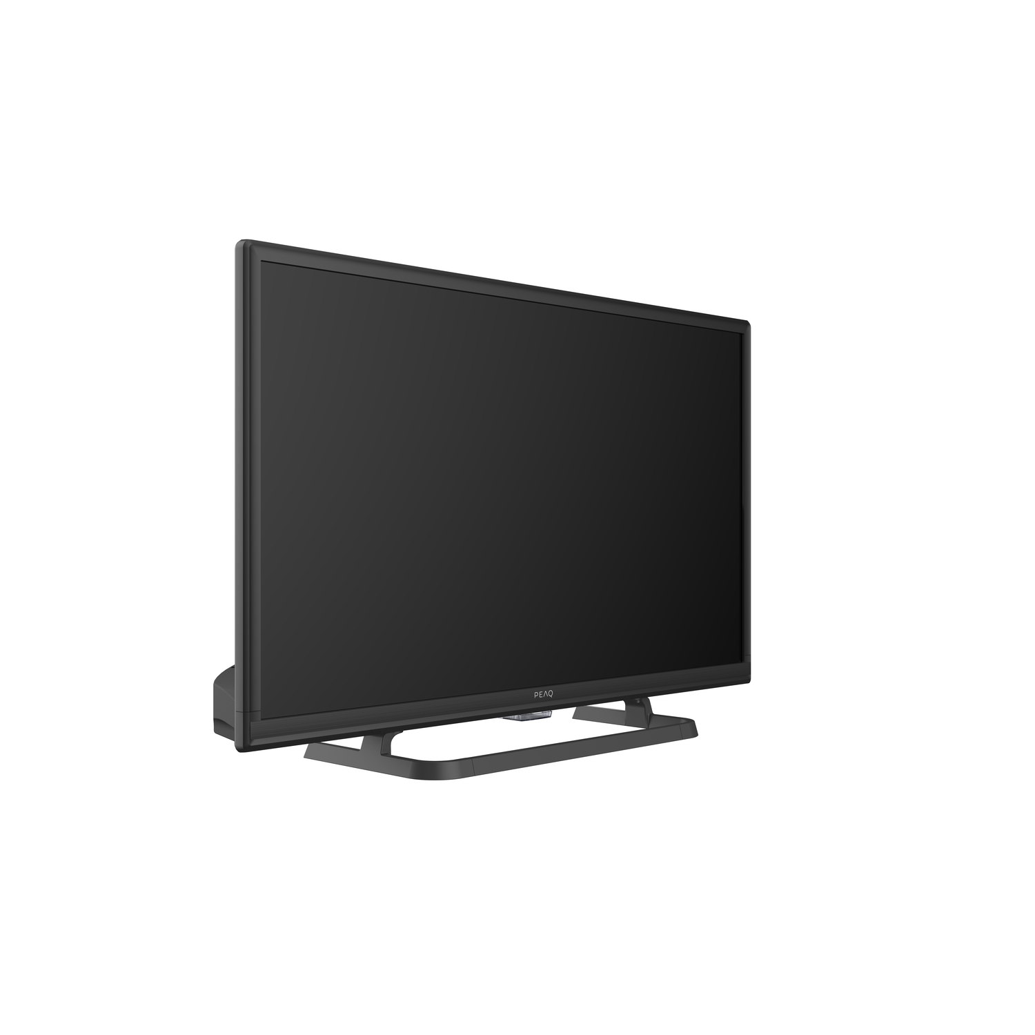 A black flat-screen PEAQ TV, angled slightly, isolated on a white background.