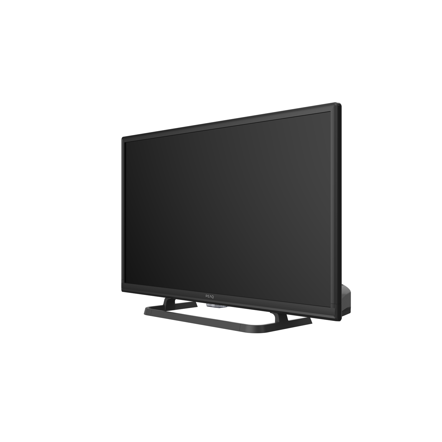 A black TV on a stand, with a black screen. The TV is angled to the side.