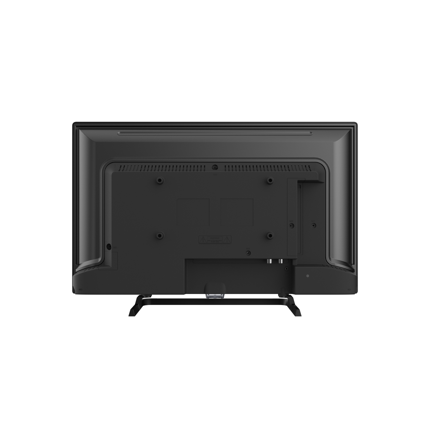 Back of a black TV with a stand, showing ports and connections.