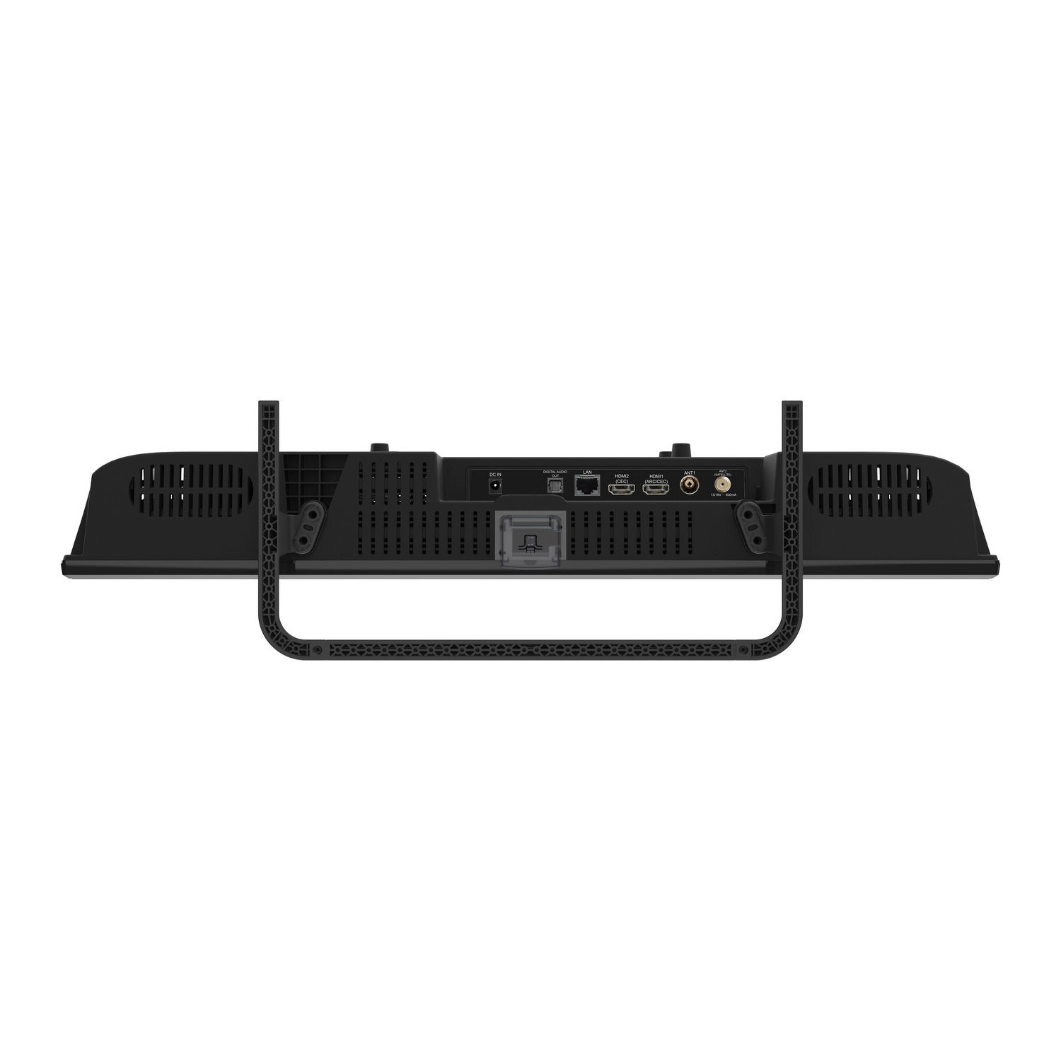 Black monitor back, with ports and a handle. Shows ventilation and connection points. Isolated on white background.