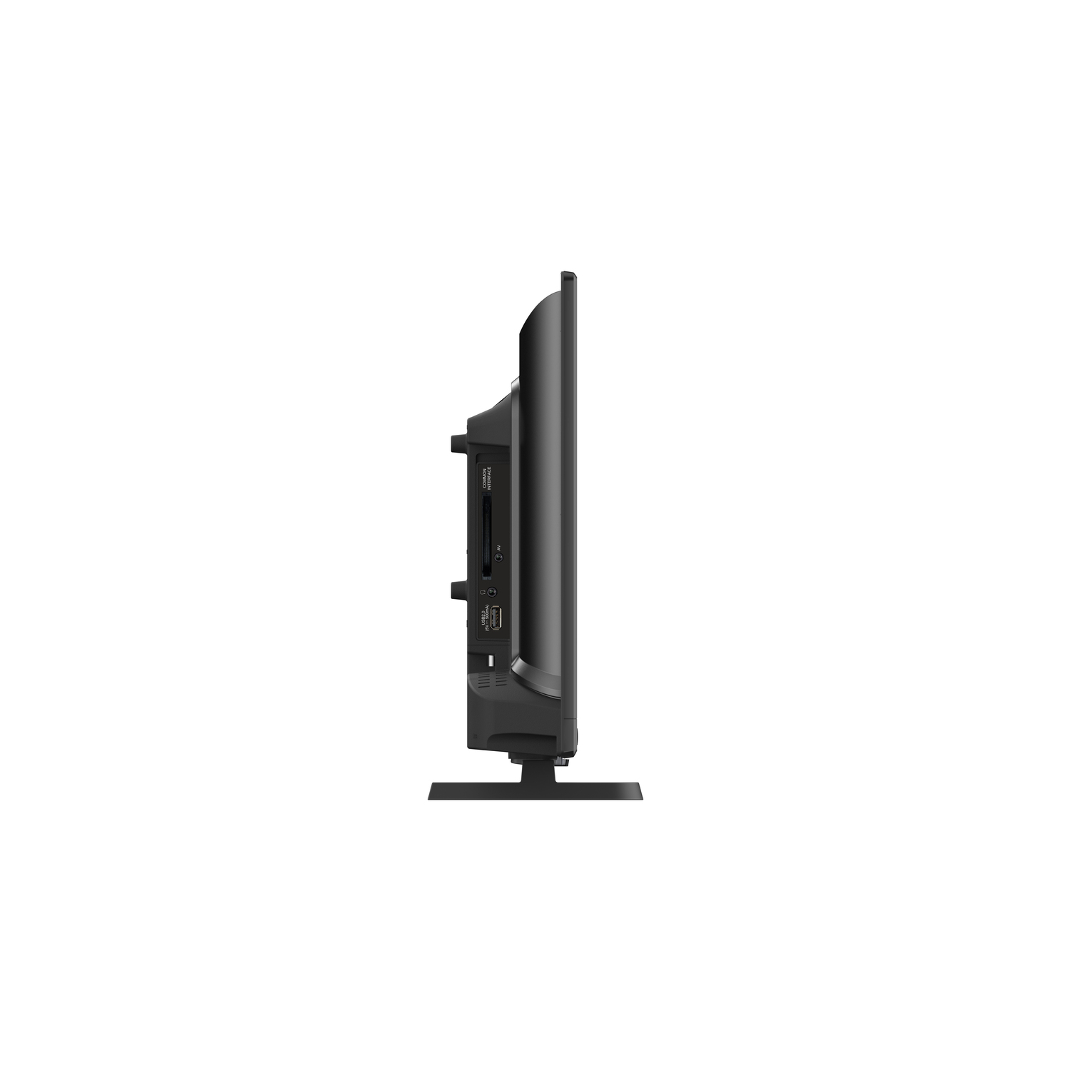 Side view of a black TV on a stand, showing ports and connectors.