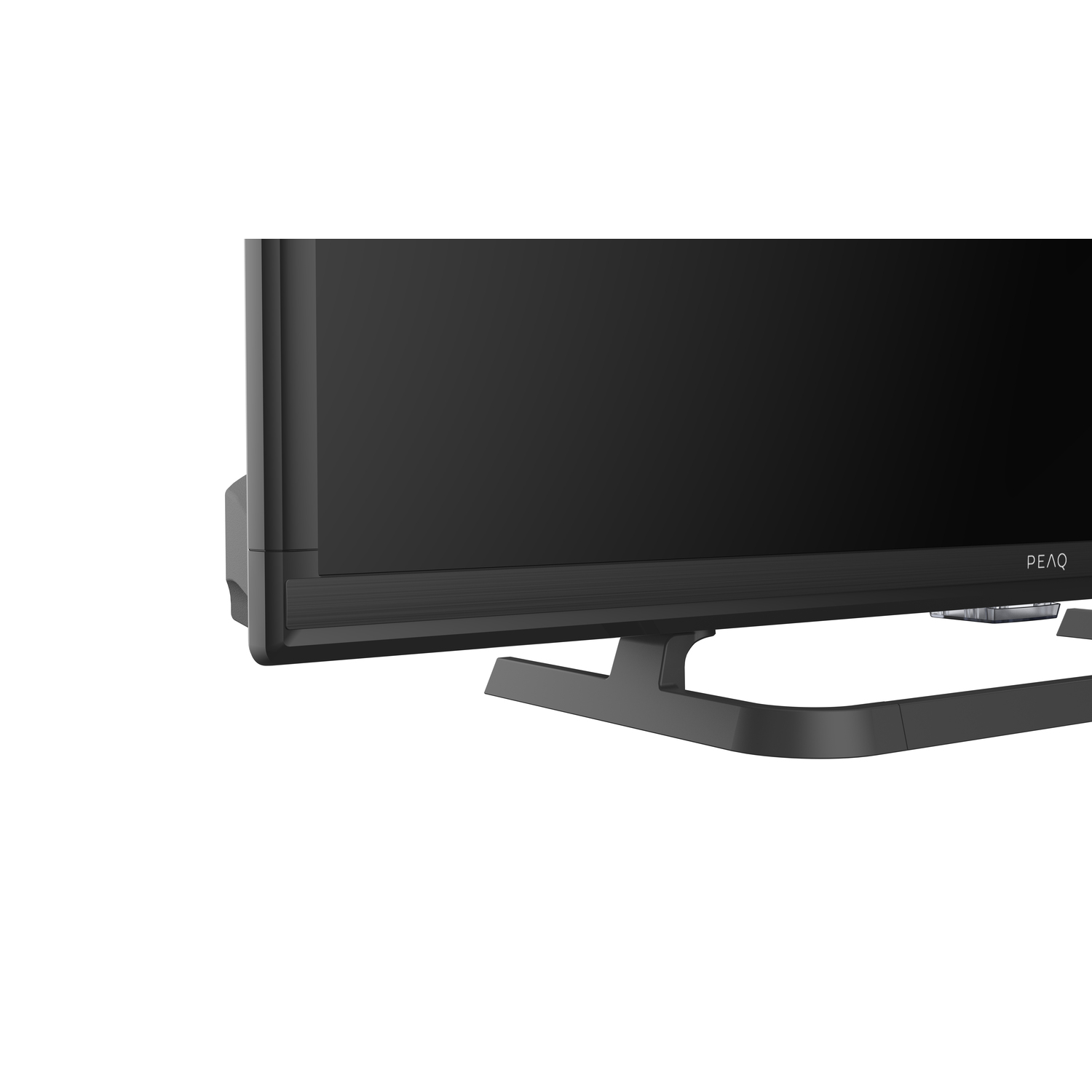Close-up of a black TV with a dark screen and a black stand on a white background.