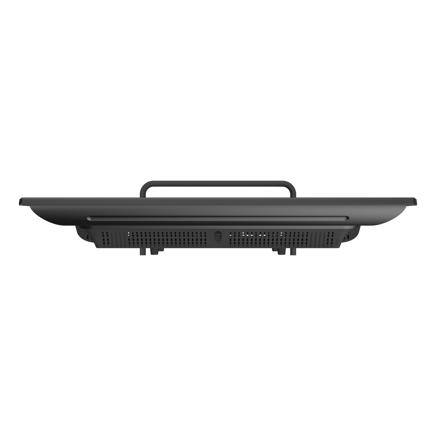 Black TV, top view. Flat, rectangular shape. Handle on top. Vents on the bottom.