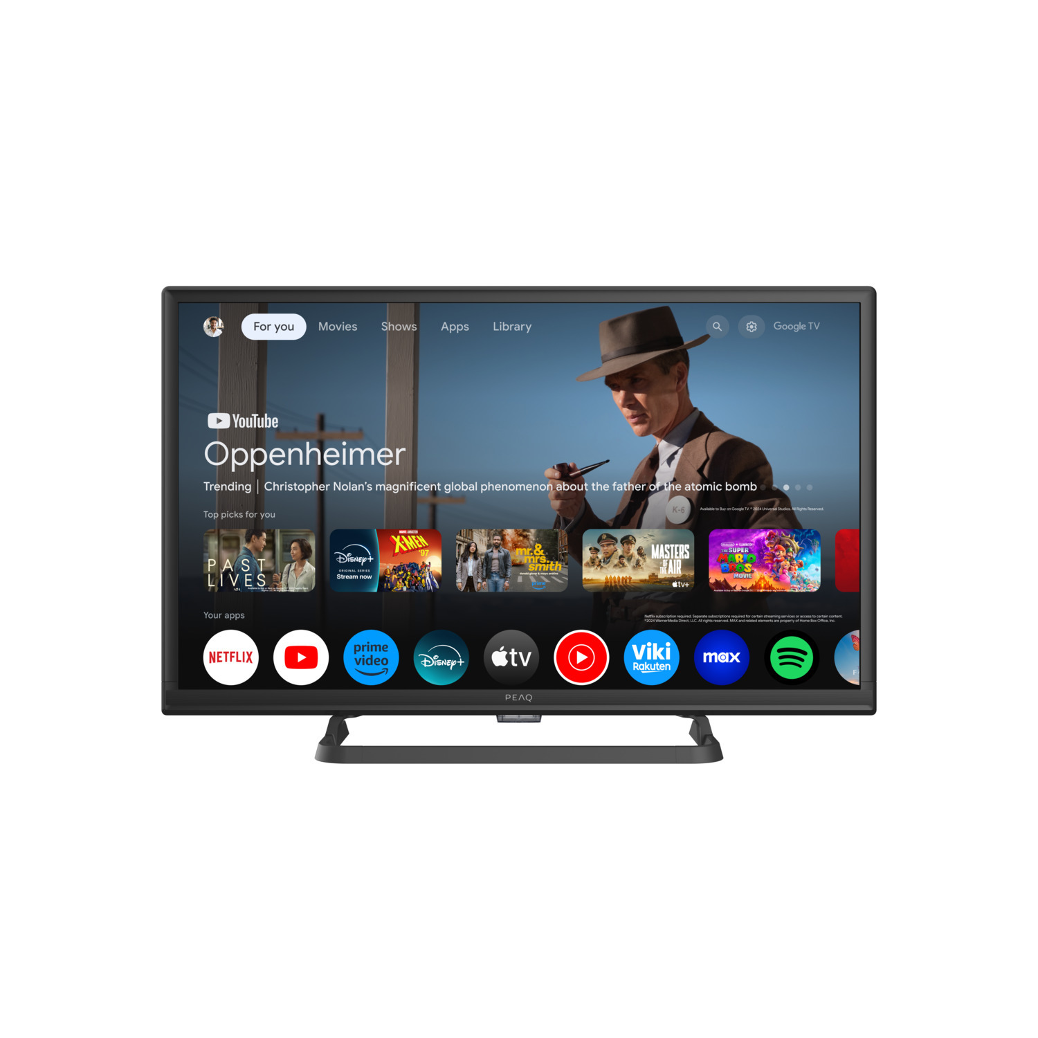 A flat-screen TV displays the YouTube home page with Oppenheimer trending.