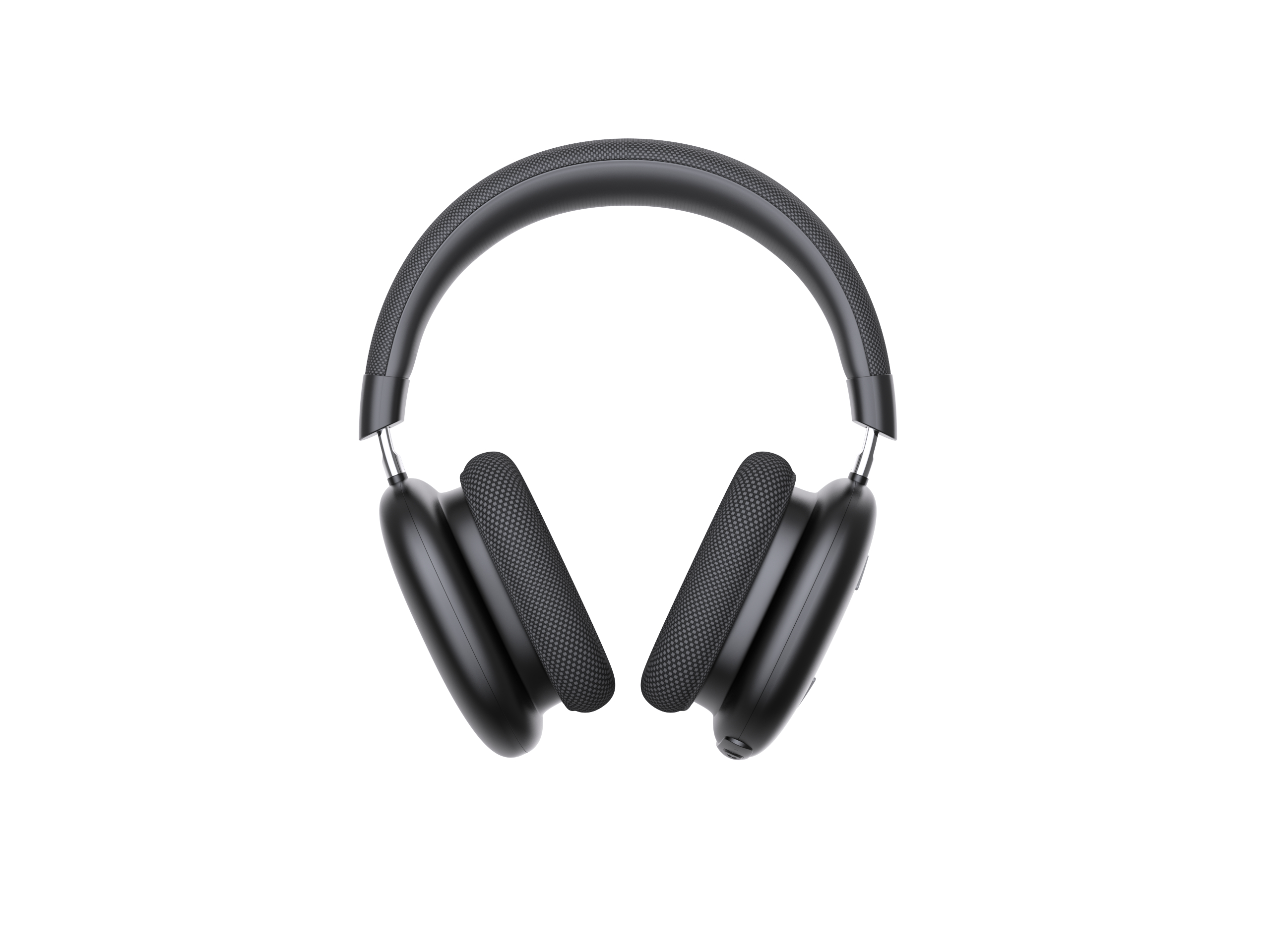 Schwarze Kopfhörer auf weißem Hintergrund. Over-Ear-Design, Draufsicht, mit gepolstertem Bügel.