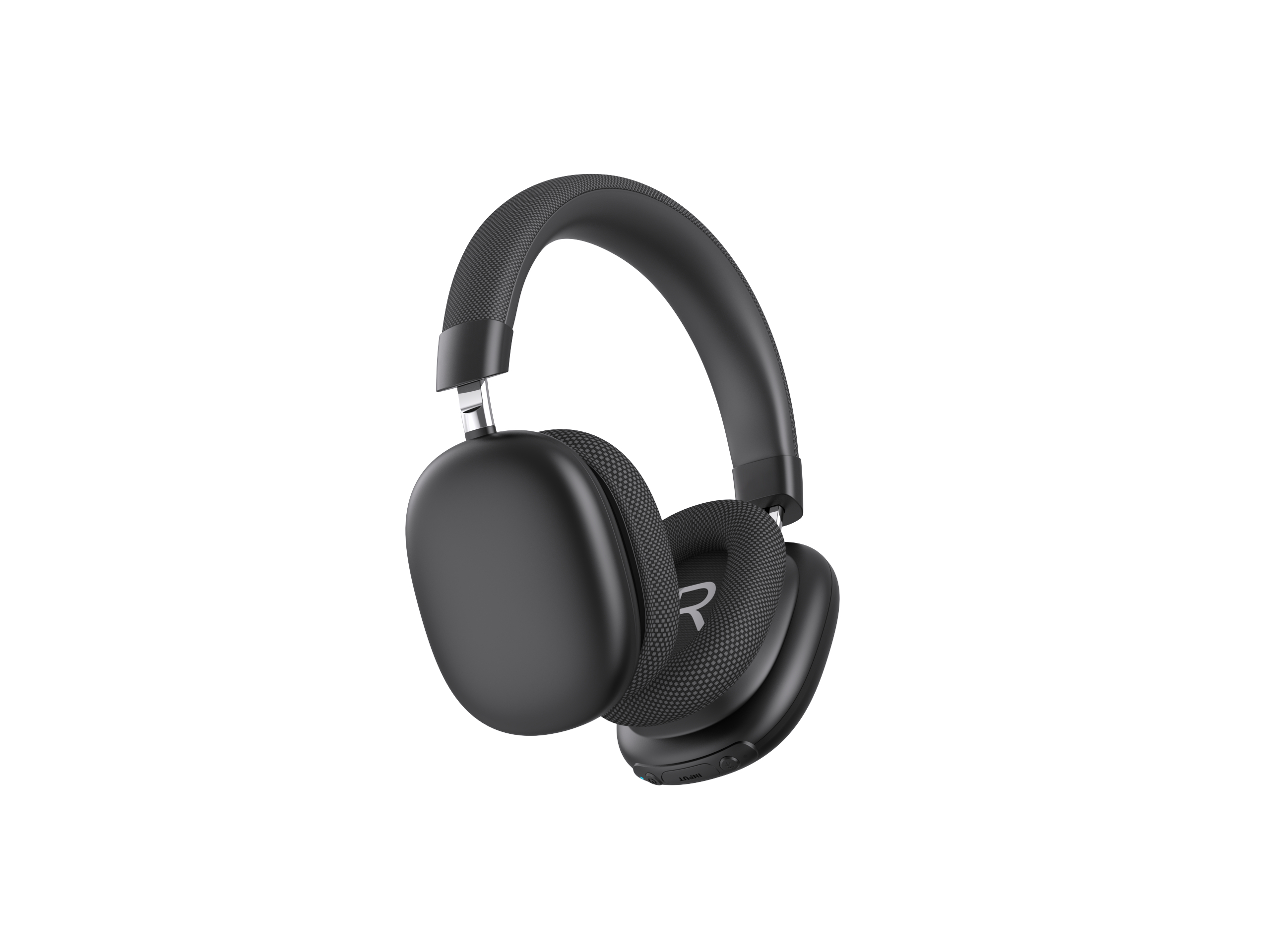 Schwarze Over-Ear-Kopfhörer. Ohrmuscheln sind oval, mit einem 'R' markiert.