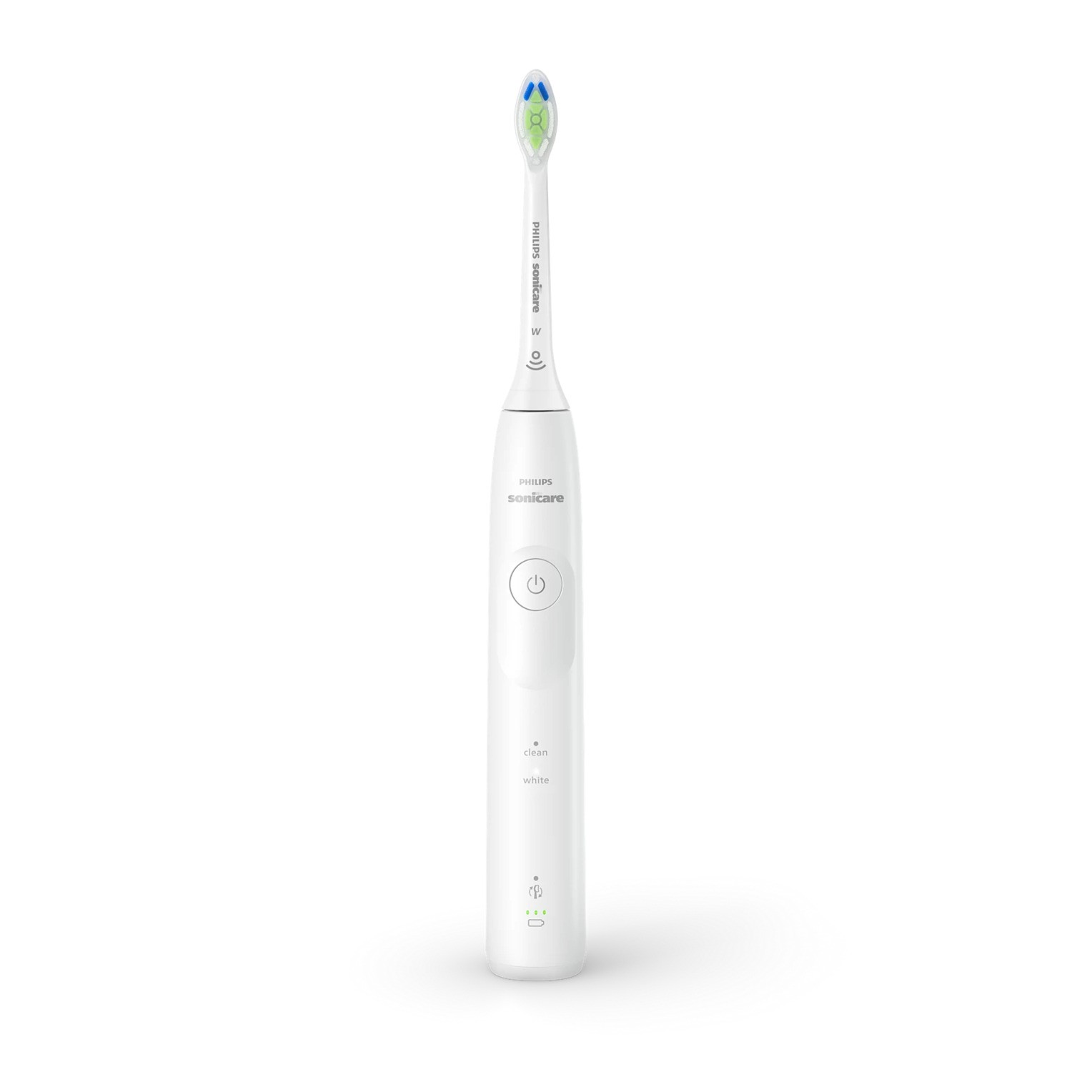 Brosse à dents Philips Sonicare blanche avec poils verts et bleus, isolée sur fond blanc.