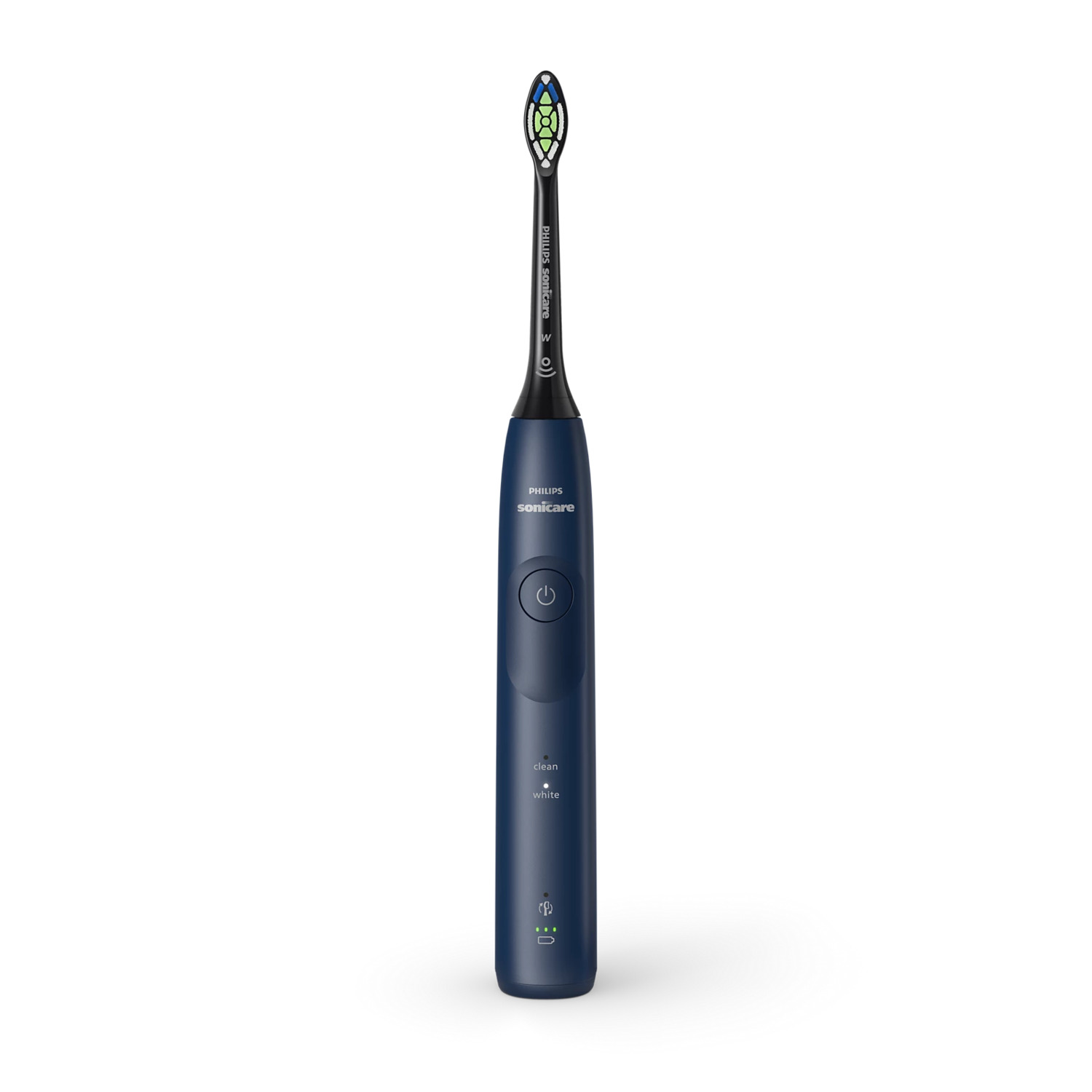 Brosse à dents électrique bleu marine. Bouton, voyants et marque visibles. Isolé sur fond blanc.