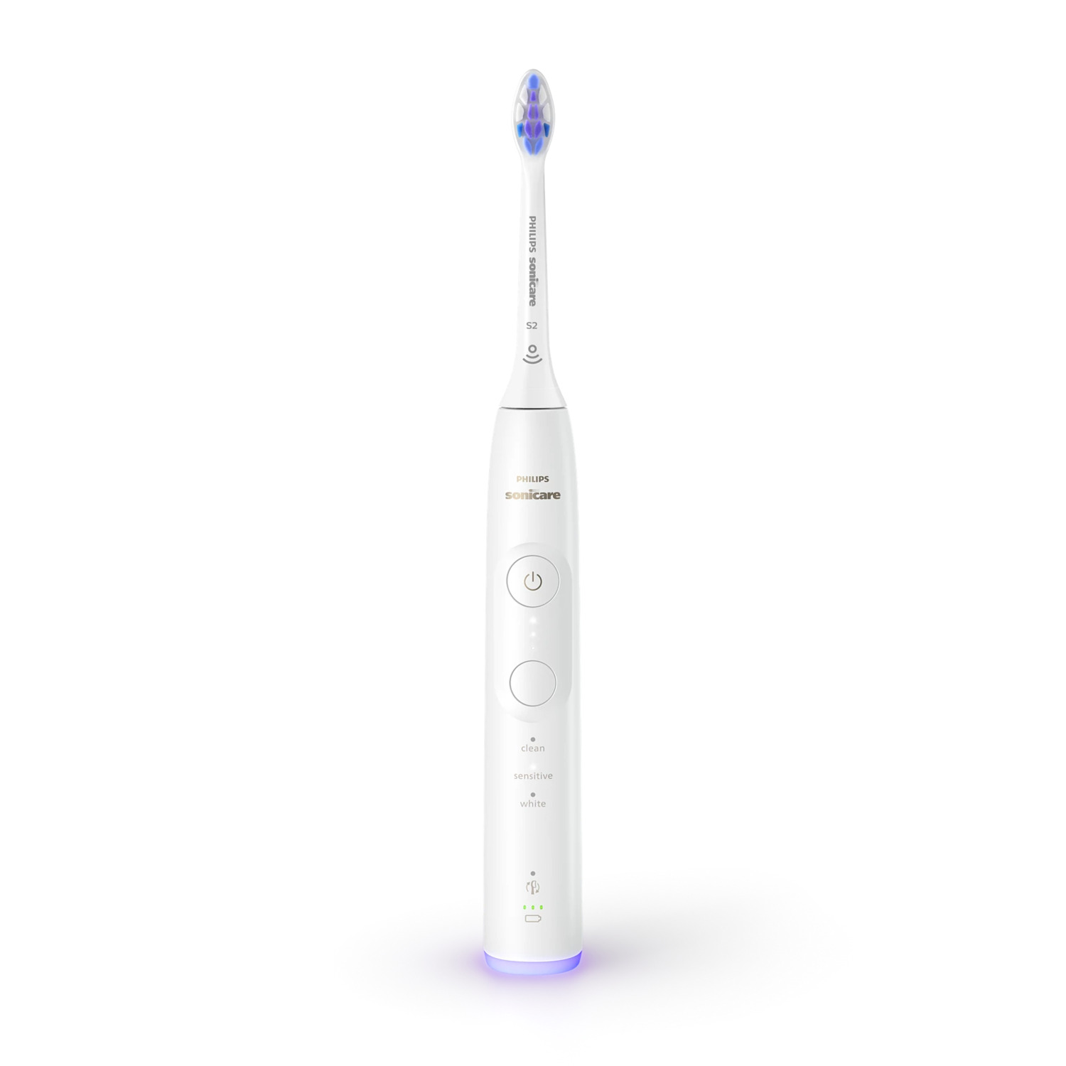 Une brosse à dents électrique Philips Sonicare blanche avec des boutons et une tête.