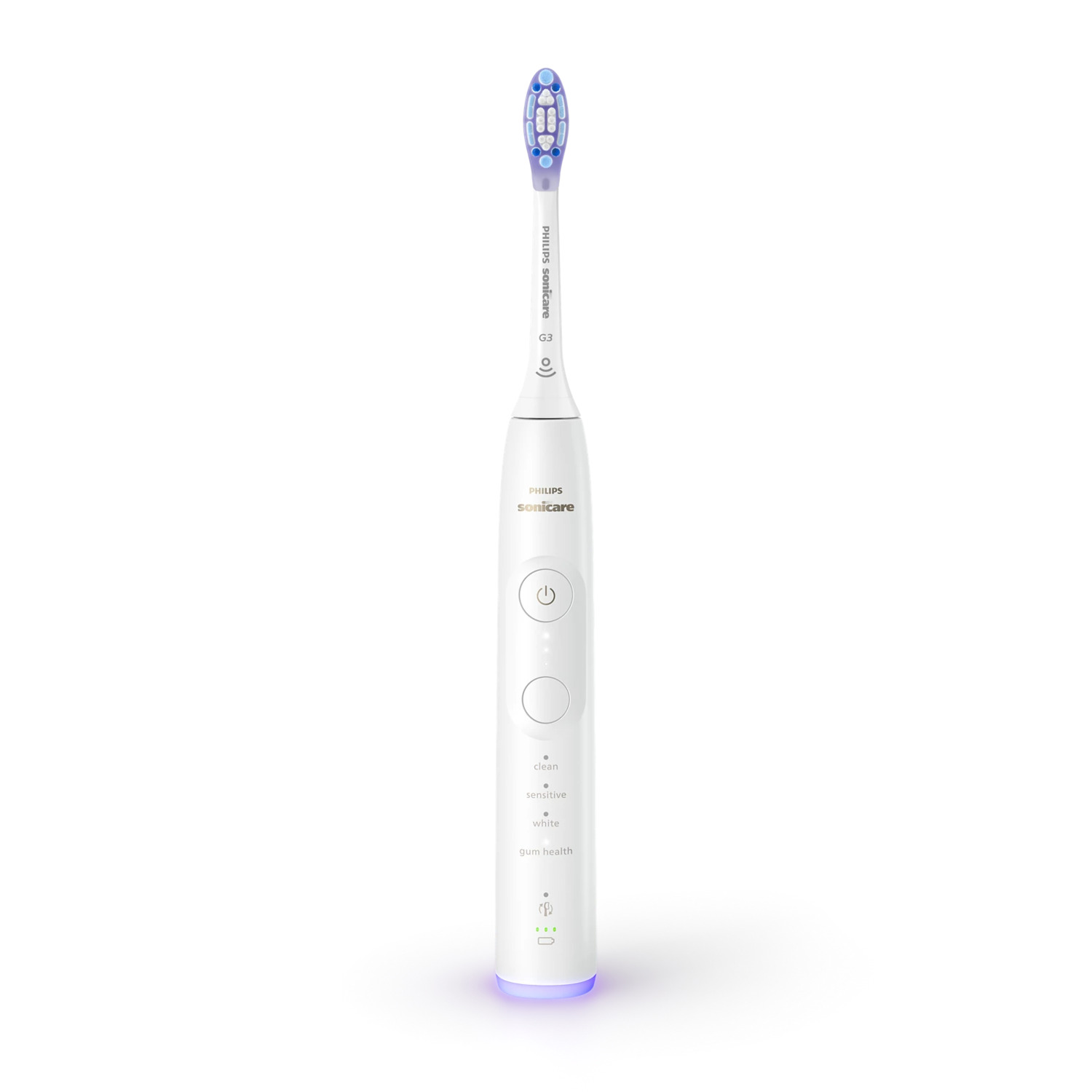 Brosse à dents blanche Philips Sonicare. Elle a une tête de brosse violette et des boutons pour différents modes.