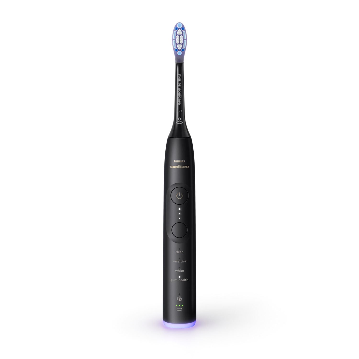Brosse à dents Philips Sonicare noire avec boutons et socle de chargement.