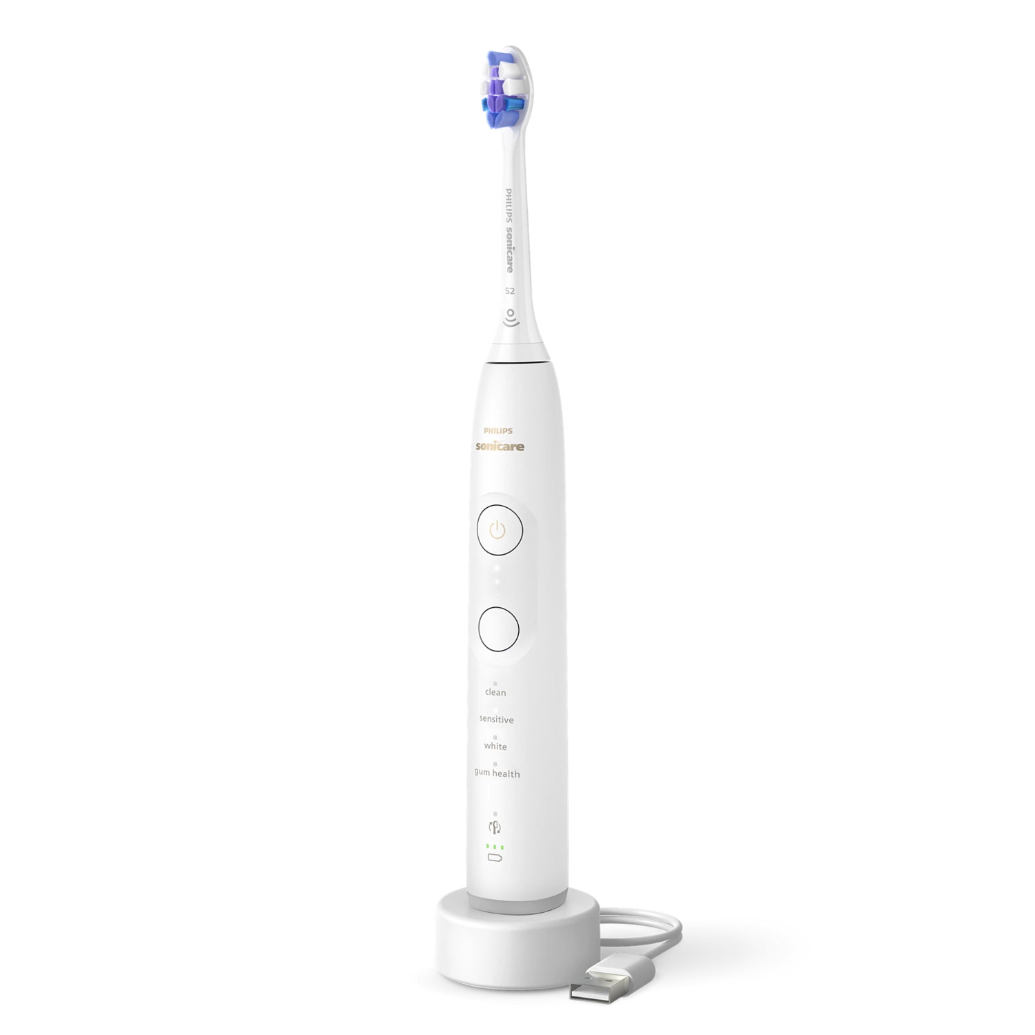 Une brosse à dents électrique blanche avec une base de chargement et un câble USB. Montre divers boutons de fonction.