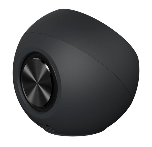 Czarny, zaokrąglony głośnik ze srebrnym przyciskiem.