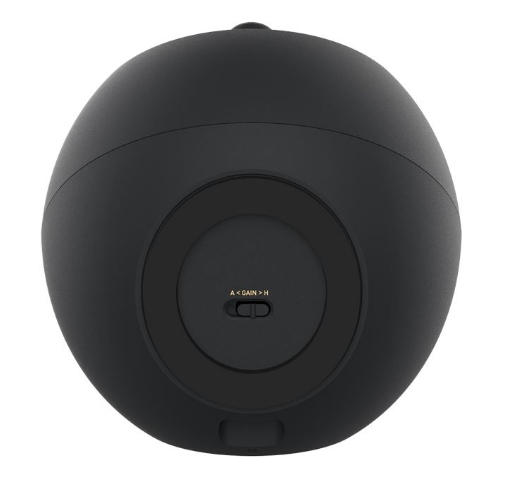 Czarne urządzenie w kształcie kuli z przełącznikiem wzmocnienia i portem z tyłu.