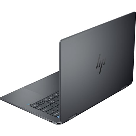 Dunkelgrauer Laptop geöffnet, Tastatur zeigend, mit kleinem Logo oben. Weißer Hintergrund.