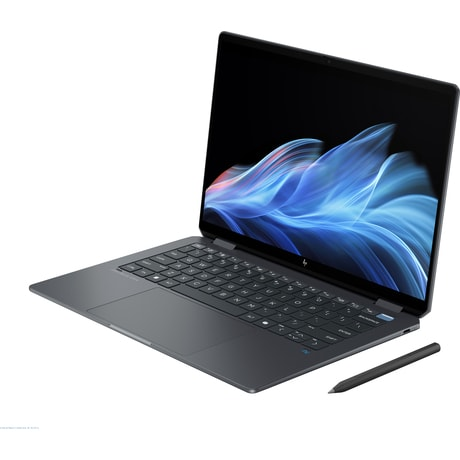 Ein Laptop mit schwarzer Tastatur und Bildschirm zeigt ein farbenfrohes Bild. Ein Stift liegt daneben.
