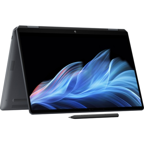 Laptop, dunkelgrau, teilweise geöffnet. Bildschirm zeigt bunte Oberfläche. Schwarzer Stift vorhanden. Winkelansicht, isoliert auf Weiß.