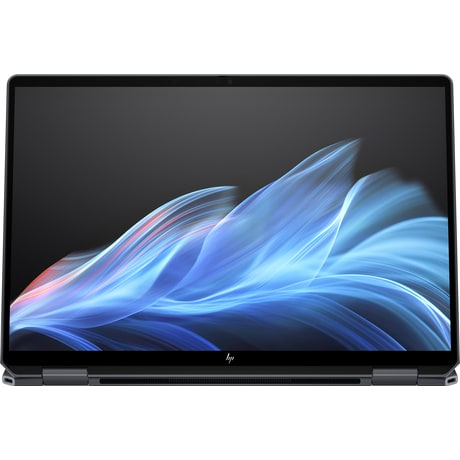 Laptop mit schwarzem Bildschirm, der blaue und weiße abstrakte Kunst zeigt.