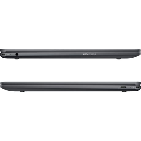 Zwei dunkelgraue Laptops von der Seite, mit dem Poly Studio-Logo.
