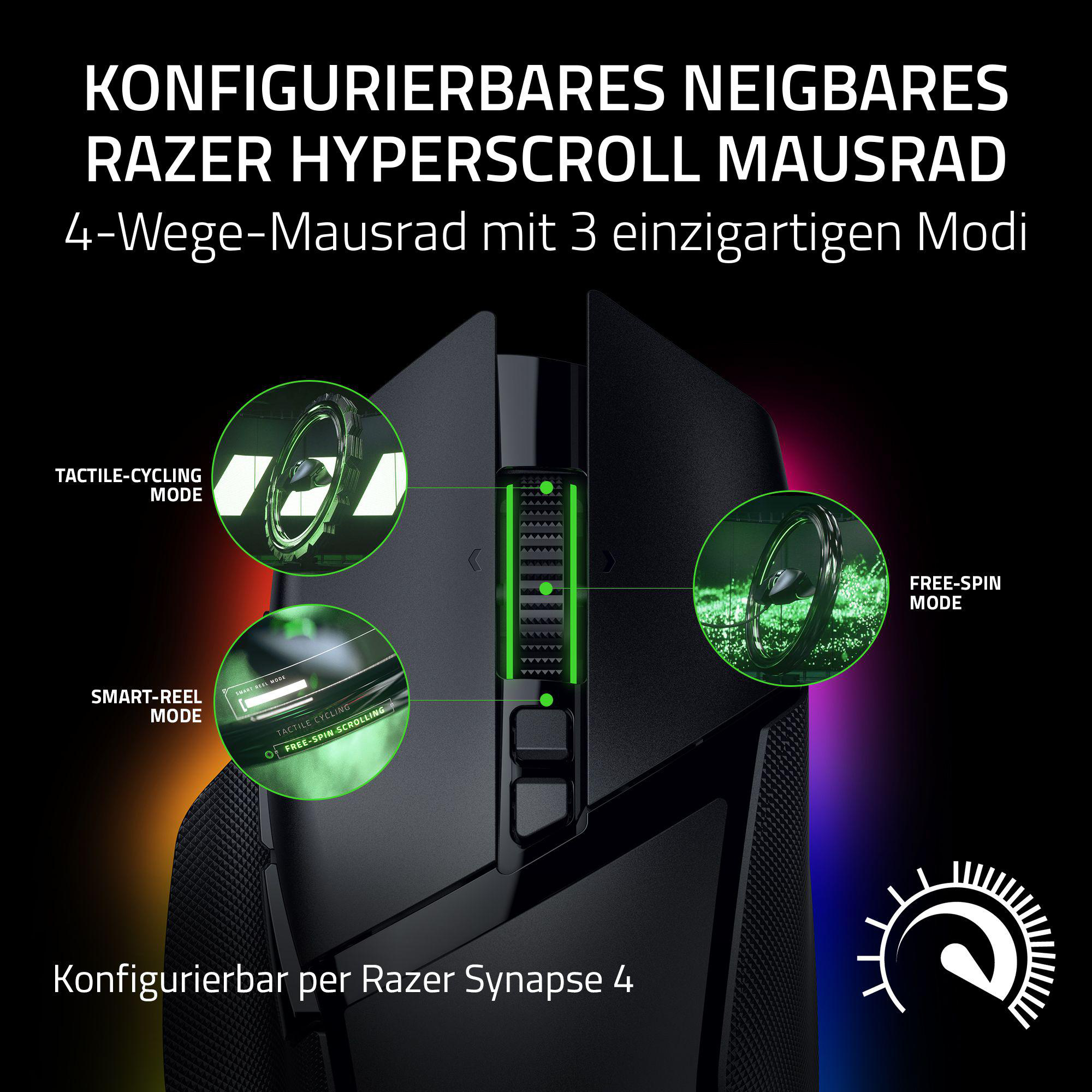 Schwarze Razer Gaming-Maus. Merkmale sind ein Scrollrad mit mehreren Modi und anpassbaren Tasten.