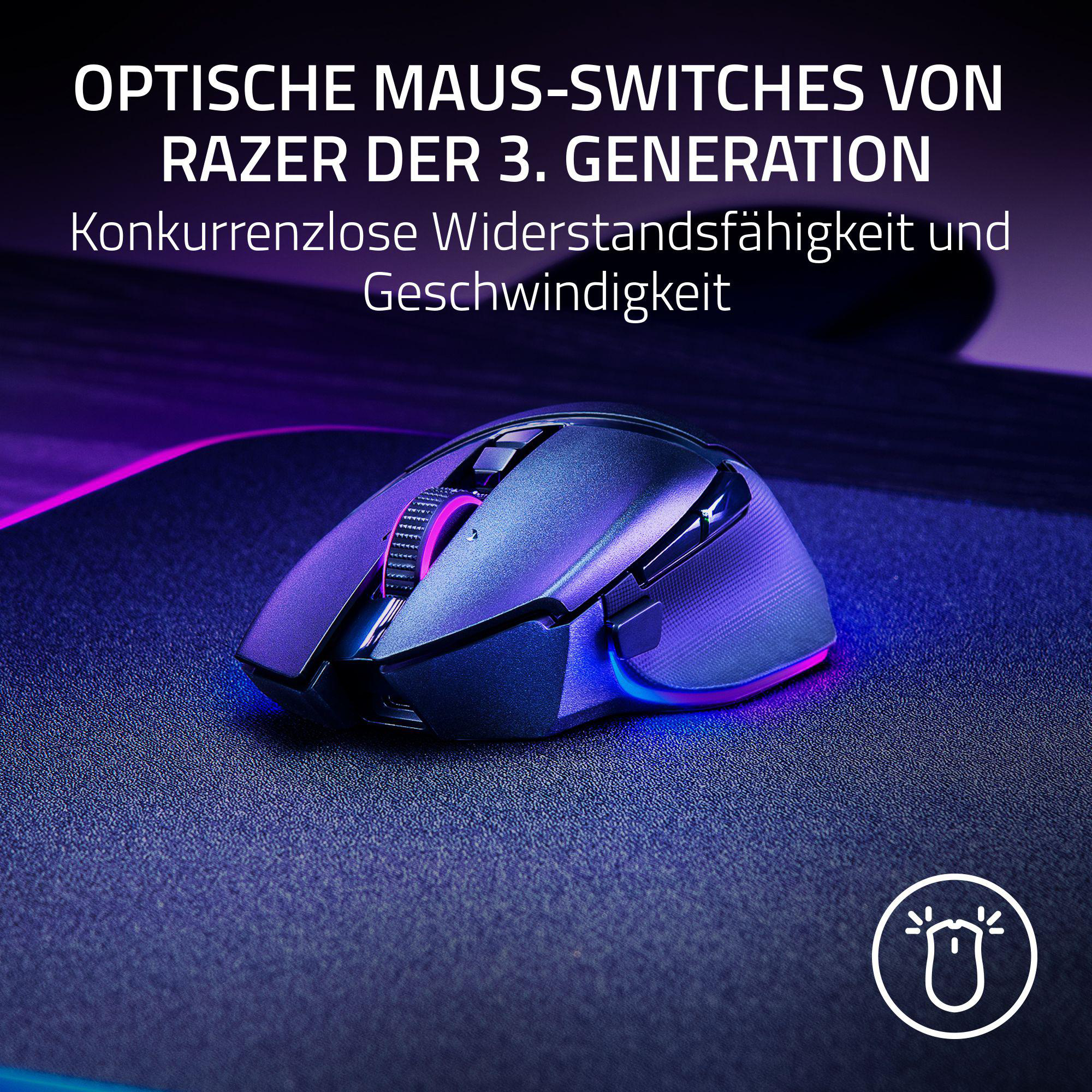 Eine schwarze und blaue Gaming-Maus auf einem schwarzen Mauspad mit Text darüber.