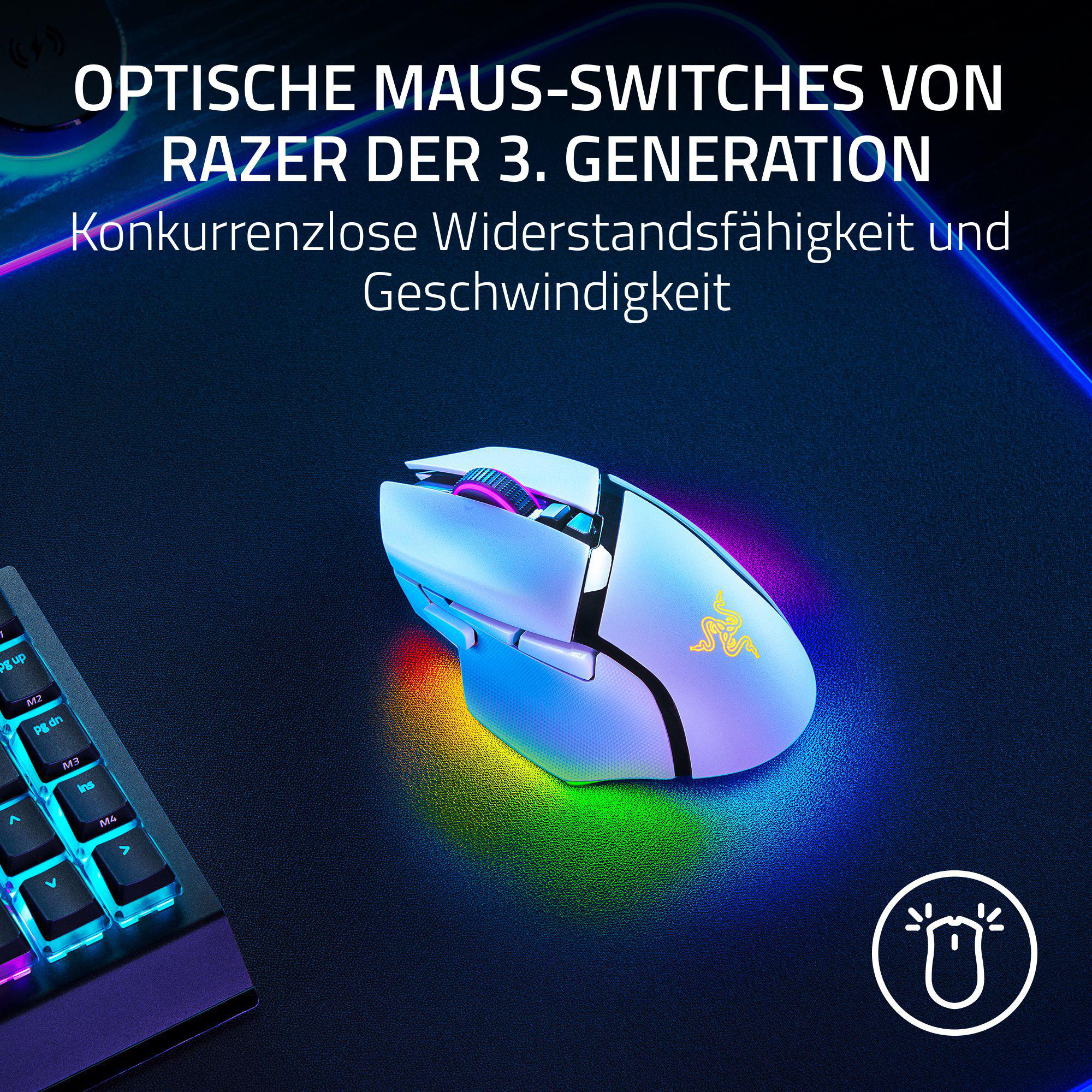 Weiße Gaming-Maus mit RGB-Beleuchtung auf dunkler Oberfläche, Text darüber.
