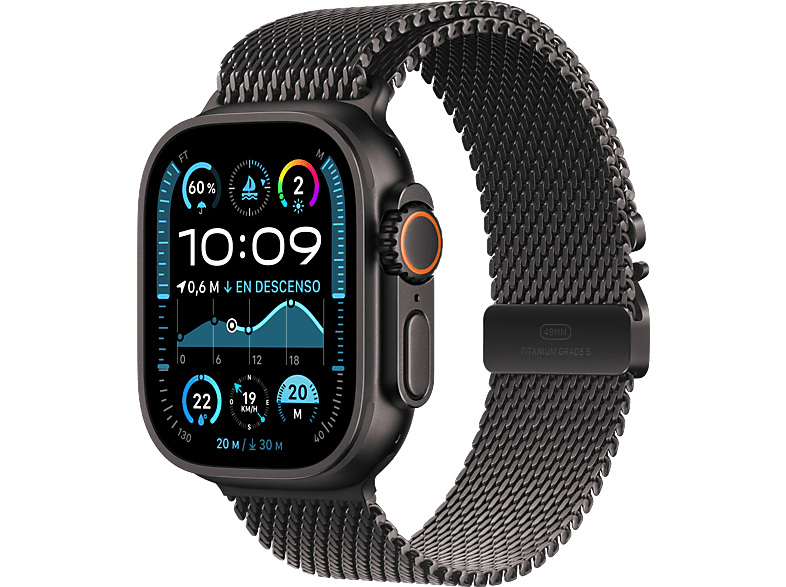 Apple Watch Ultra 2 (2024), GPS + Cellular, 49 mm, Caja de Titanio Negro, Gesto doble toque, Correa Titanium Milanese Loop Negra, Talla M