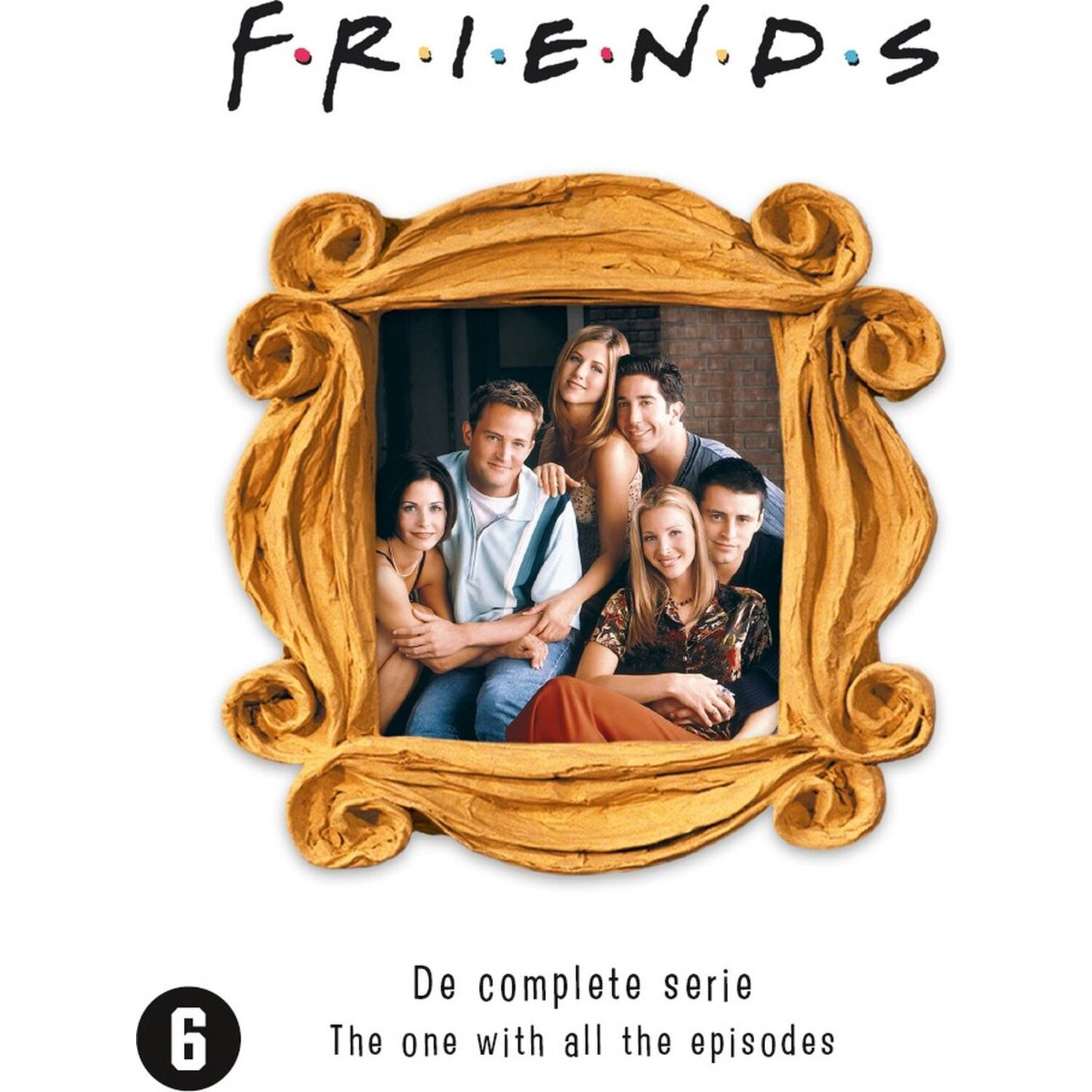Photo du casting de Friends dans un cadre doré, logo au-dessus.