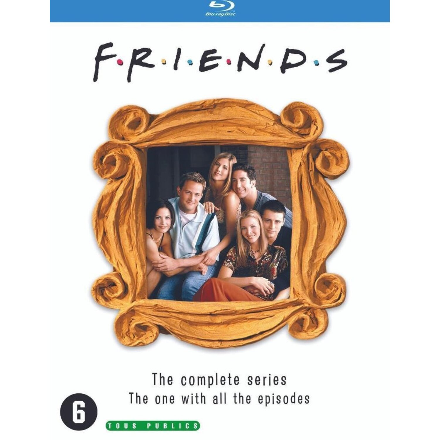 Jaquette DVD de Friends: The Complete Series. Comprend une photo de la distribution et du texte.