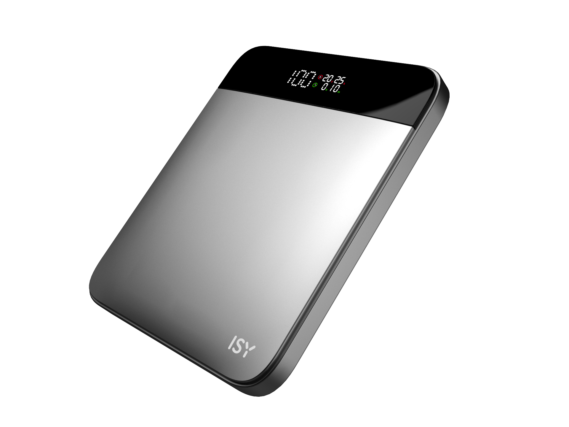 Silberne Powerbank mit Digitalanzeige auf weißer Oberfläche, angewinkelt.