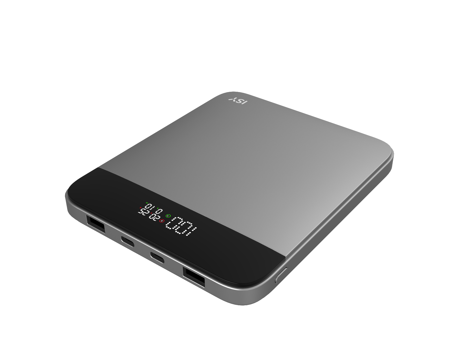 Eine silberne Powerbank mit einem Display, das den Akkustand anzeigt.