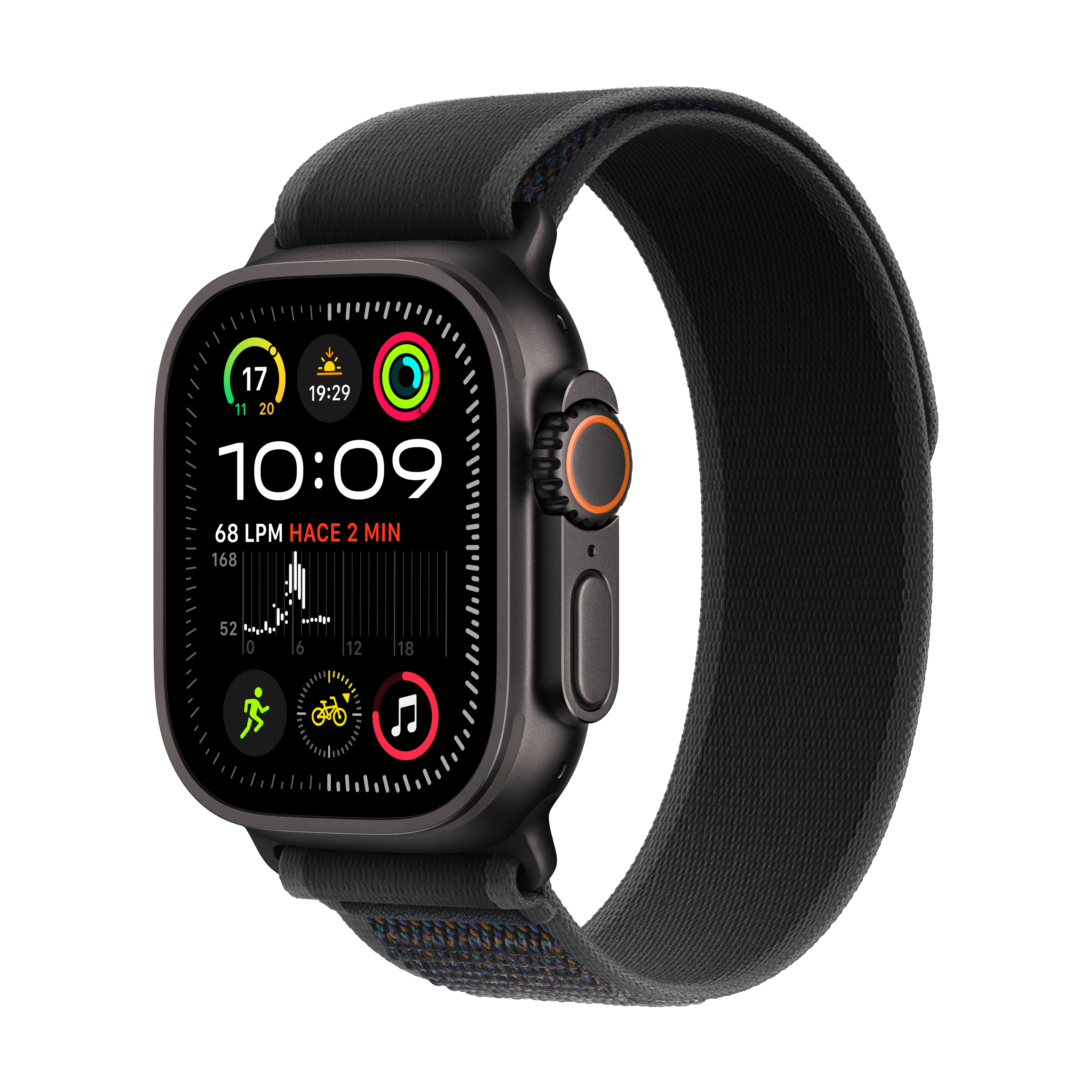 Apple Watch Ultra negra con correa de tela verde oscuro, mostrando la hora y estadísticas.