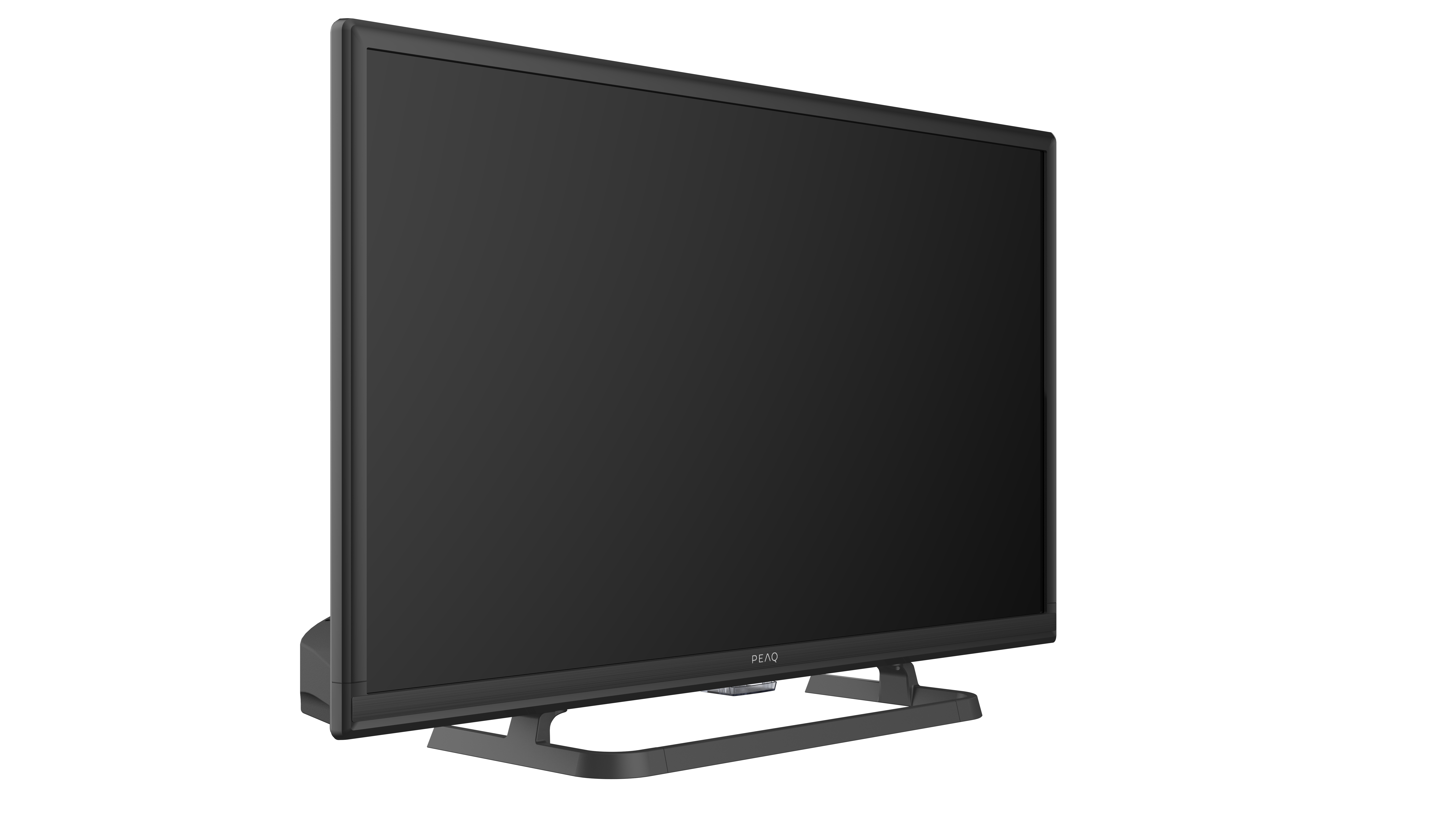 Schwarzer Fernseher auf Ständer, Seitenansicht. Einfaches Design, weißer Hintergrund.