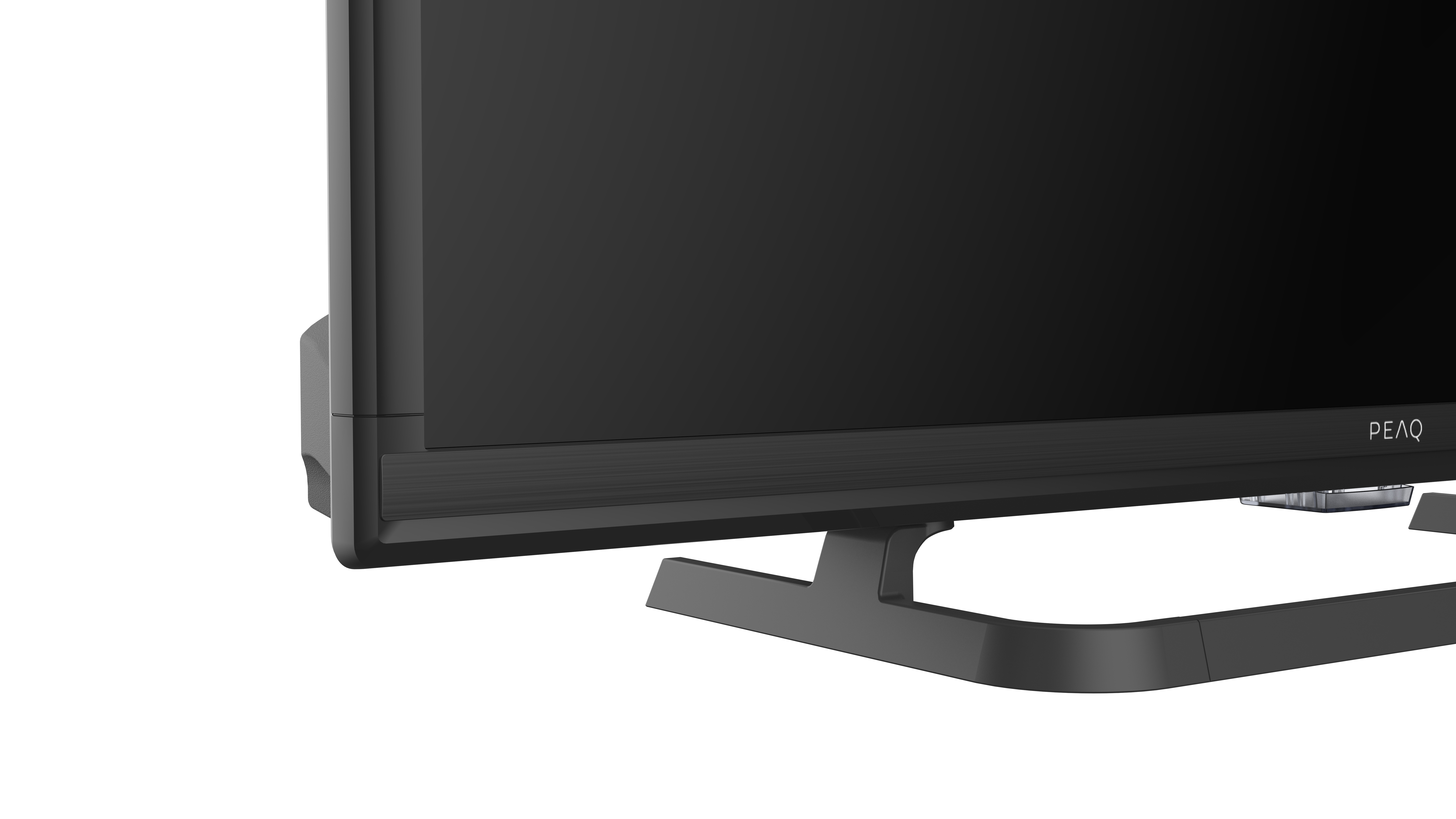 Nahaufnahme eines schwarzen Fernsehfußes und einer Bildeckeecke, weißer Hintergrund.