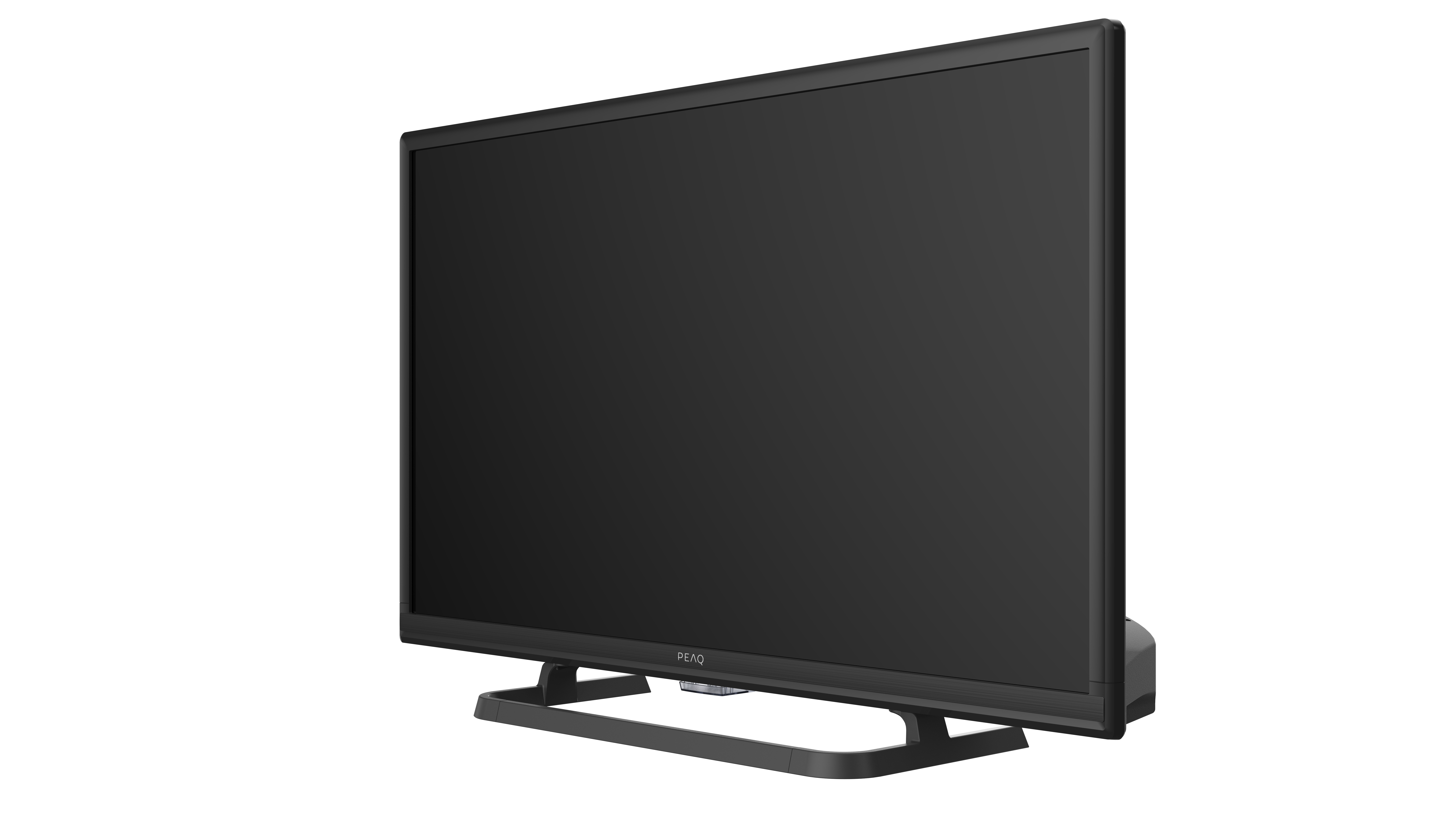 Schwarzer Flachbildfernseher auf einem Ständer, angewinkelte Ansicht, weißer Hintergrund.