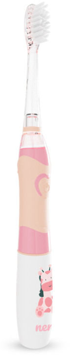 Różowa i biała elektryczna szczoteczka do zębów. Ma różowy uchwyt z rysunkiem i przezroczystą główkę.