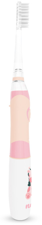 Różowo-biała elektryczna szczoteczka do zębów, widok z boku, ze wzorem.